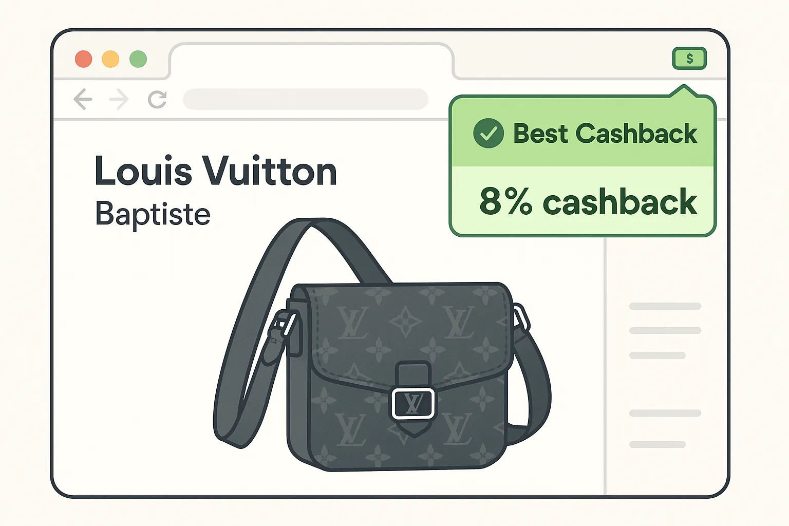 Capture d’écran simulée montrant l’extension Best Cashback s’animant en vert sur la page produit d’un sac Louis Vuitton baptiste, soulignant un taux de 8 % disponible