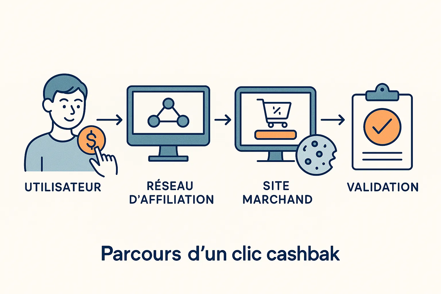 Schéma simplifié montrant le parcours d’un clic cashback : utilisateur, réseau d’affiliation, site marchand, cookie, validation.