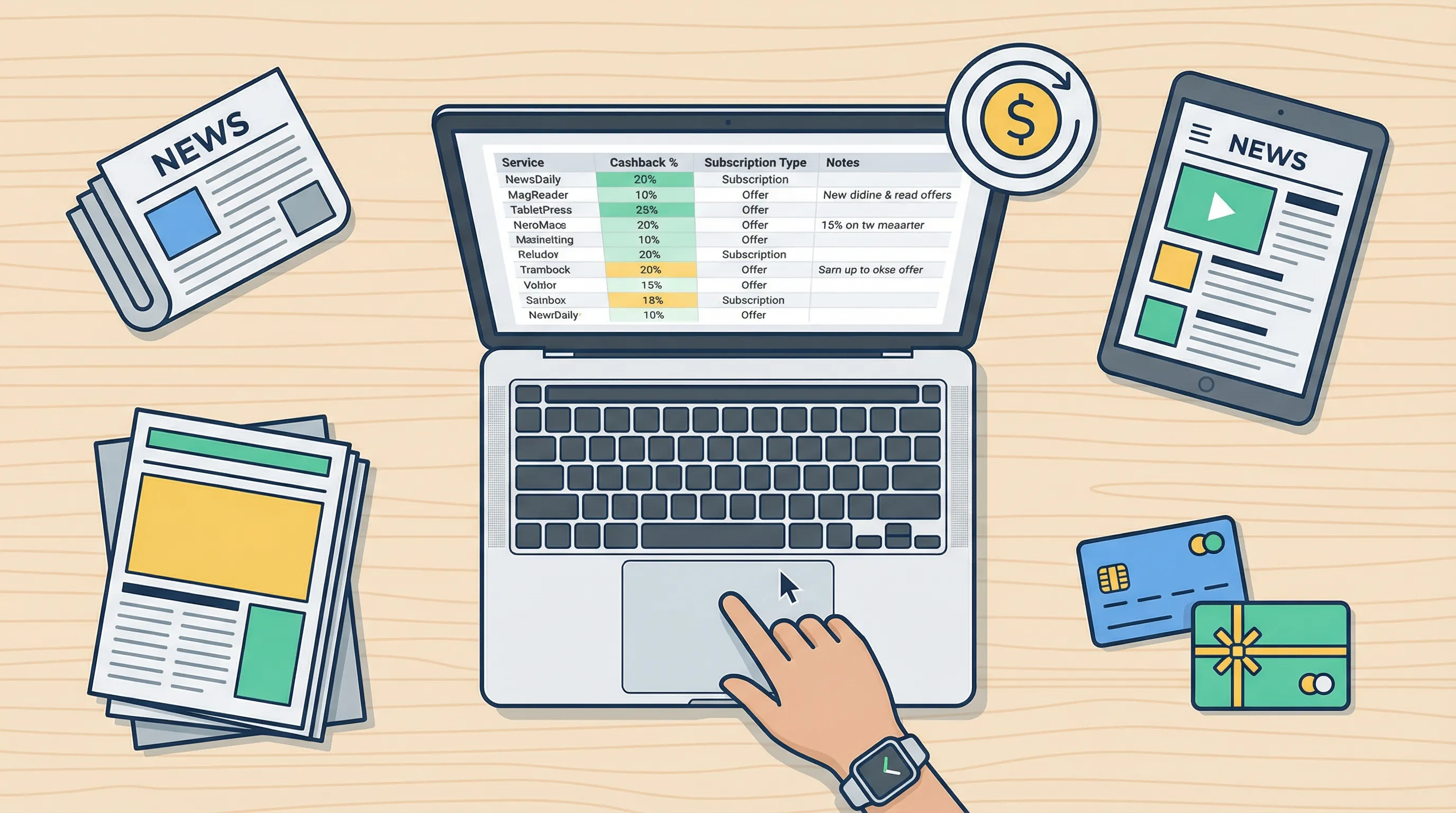 Personne comparant des offres d’abonnement presse sur un ordinateur portable, avec des icônes de cashback, code promo et carte bancaire en surimpression (illustration générique, écrans non lisibles).