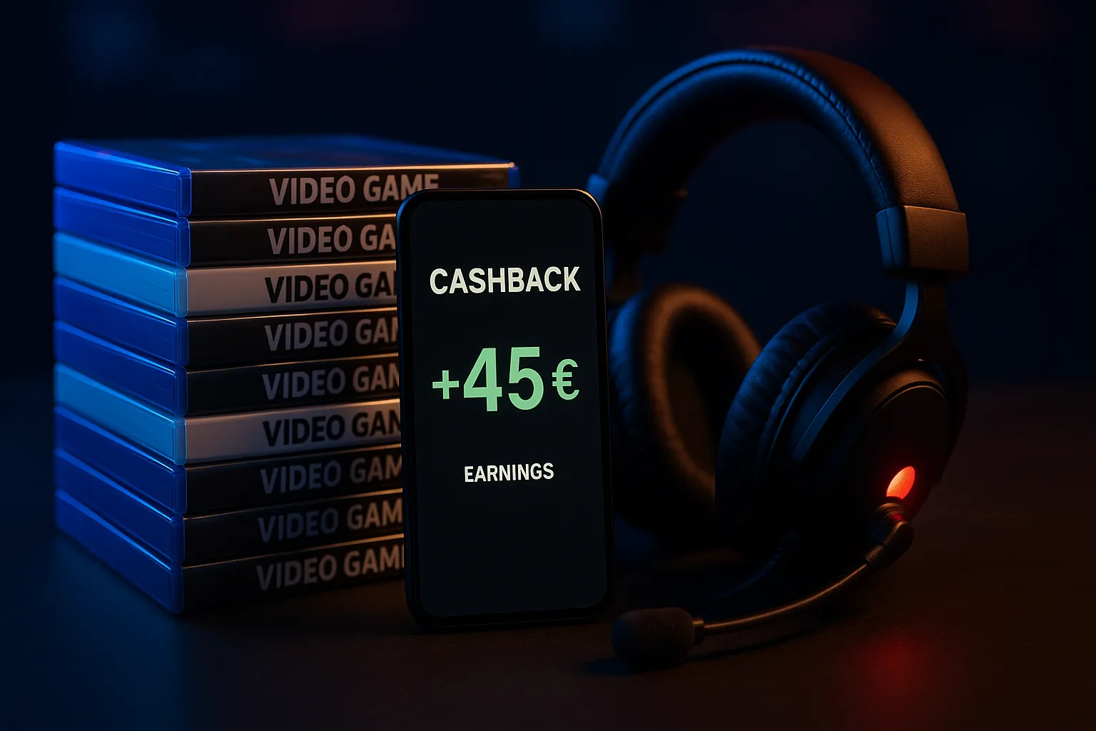 Montage montrant une pile de jeux vidéo, un casque gaming et un smartphone affichant 45 € de gains sur une appli de cashback, fond sombre ambiance esports.