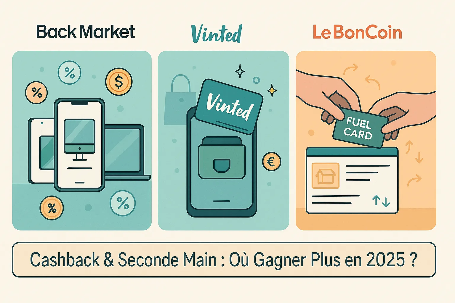 Femme consultant son smartphone entourée de cartons et vêtements de seconde main, avec le mot « Cashback » en surimpression — idée d’économiser encore plus sur l’occasion.