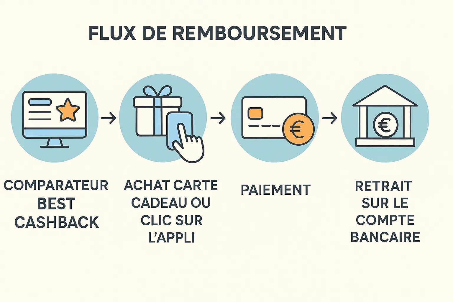 Infographie montrant le flux : Comparateur Best Cashback → Achat carte cadeau ou clic sur l’appli → Paiement → Validation 45 jours → Retrait sur le compte bancaire.