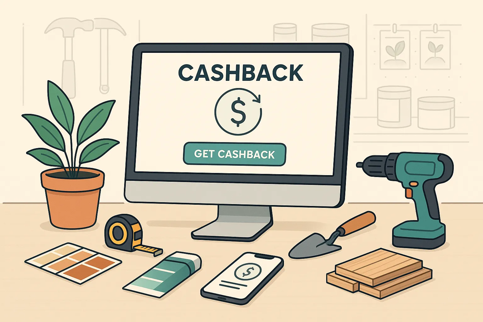 Une main saisit une carte cadeau Leroy Merlin posée sur un établi avec des outils de bricolage et matériaux de jardinage