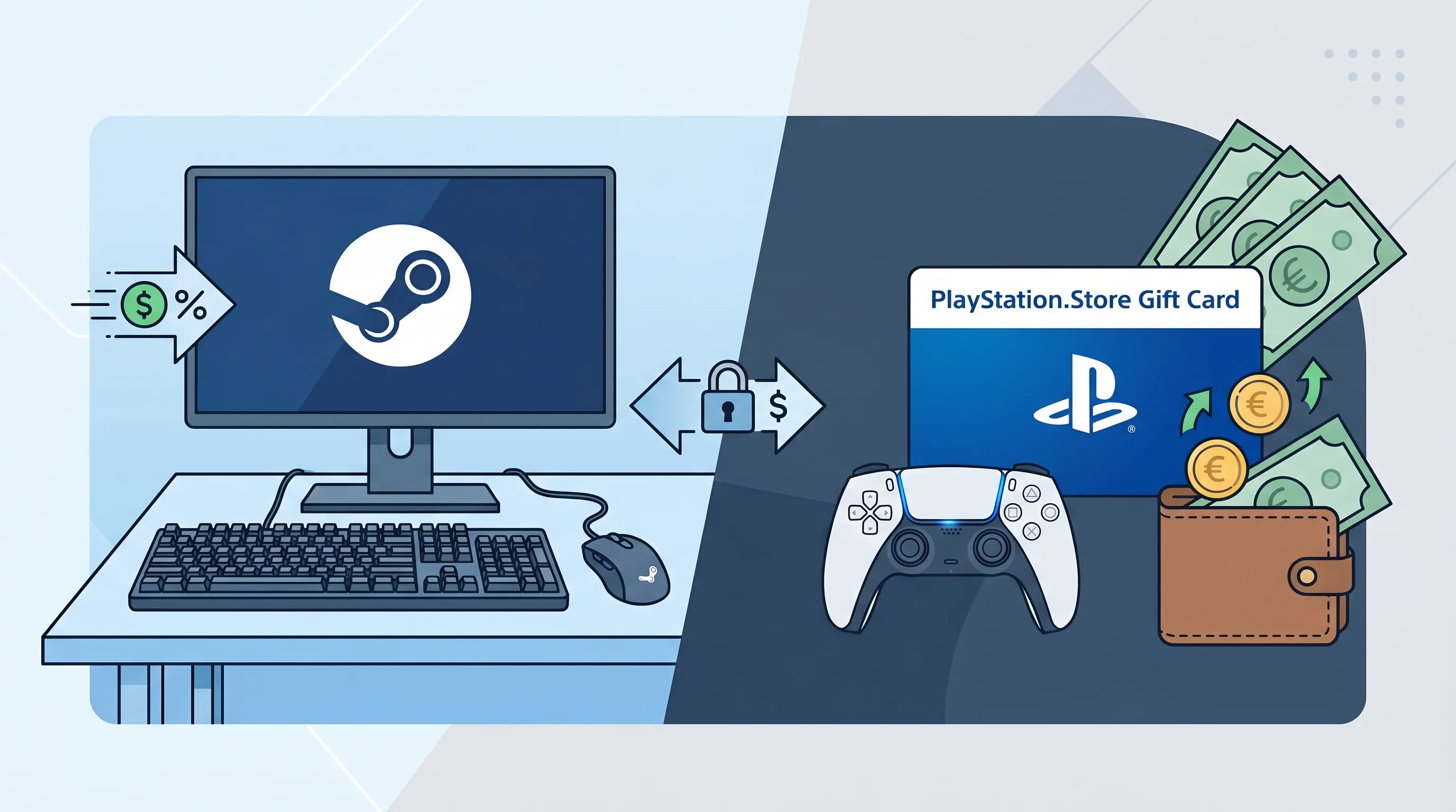Cartes cadeaux Steam et PlayStation posées à côté d’une manette et d’un clavier de gaming, illustrant les économies possibles sur les jeux dématérialisés.