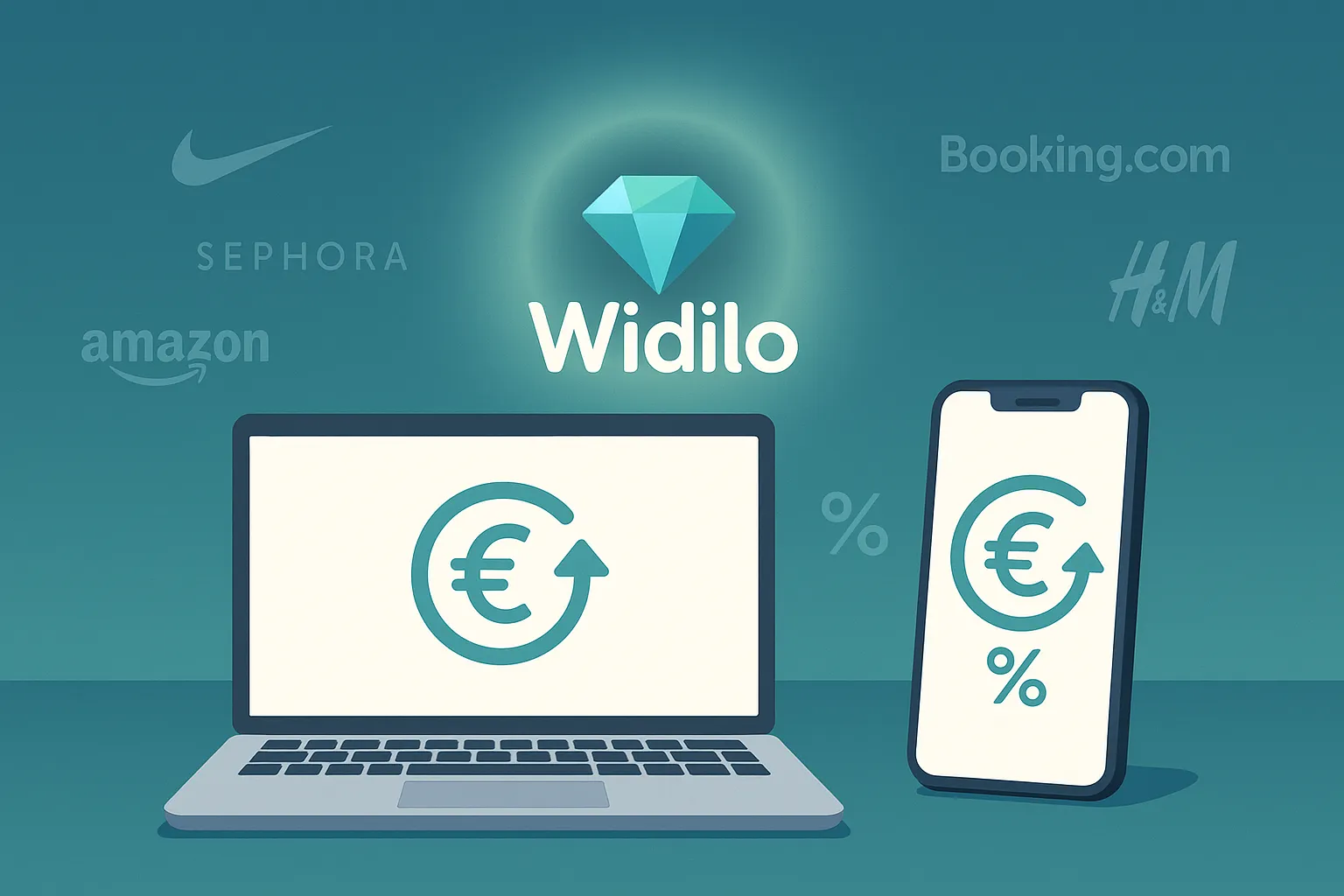 Illustration montrant une loupe focalisée sur le logo Widilo au milieu d’icônes de marques connues, symbolisant la recherche du meilleur taux de cashback