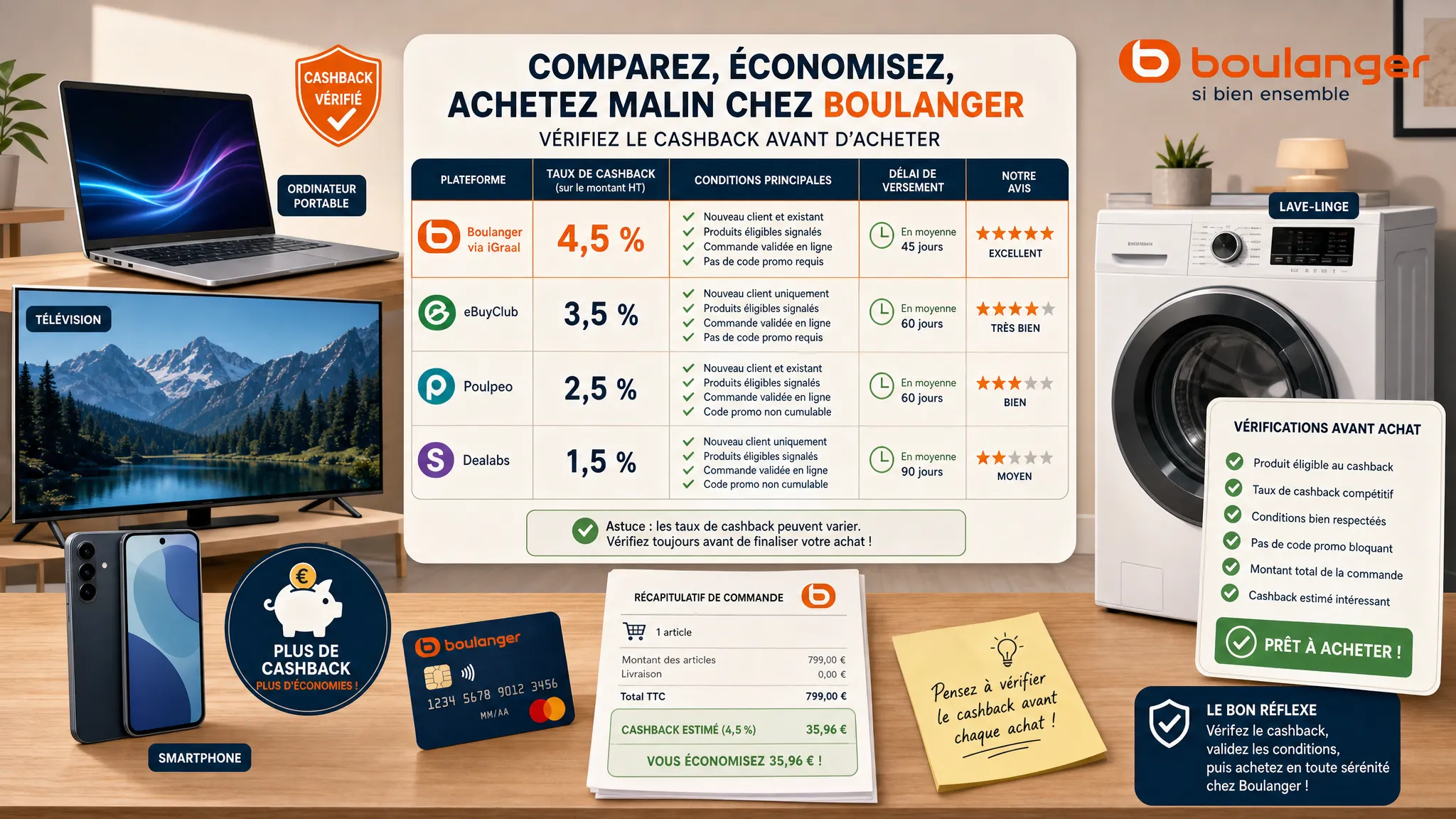 Un panier d’achat en ligne avec un ordinateur portable, un lave-linge et des accessoires high-tech, accompagné d’étiquettes indiquant cashback, code promo et offre bancaire, posé sur une table simple dans un décor de comparaison d’économies.