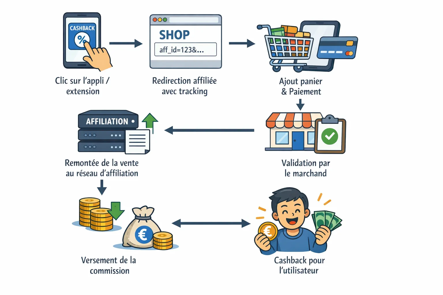 Schéma simple illustrant la chaîne du cashback: clic sur l’appli/extension, redirection affiliée avec paramètres de tracking, ajout panier, paiement sur le même device sans changer de navigateur, remontée de la vente au réseau d’affiliation, validati...