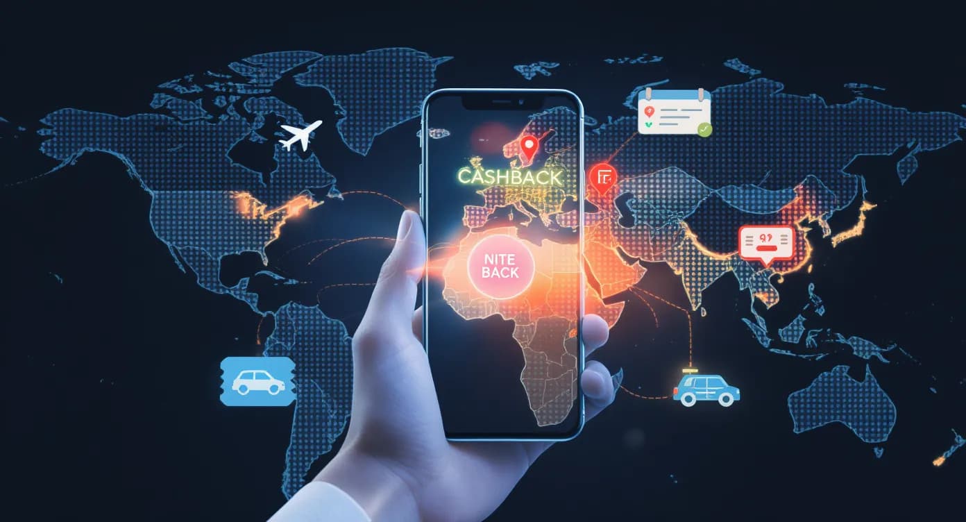 Un voyageur tient un smartphone affichant une application de cashback, avec une carte du monde en arrière-plan et des repères sur les États-Unis, le Royaume-Uni et l’Asie. Des icônes d’hôtel, avion, voiture de location et billet d’attraction entouren...