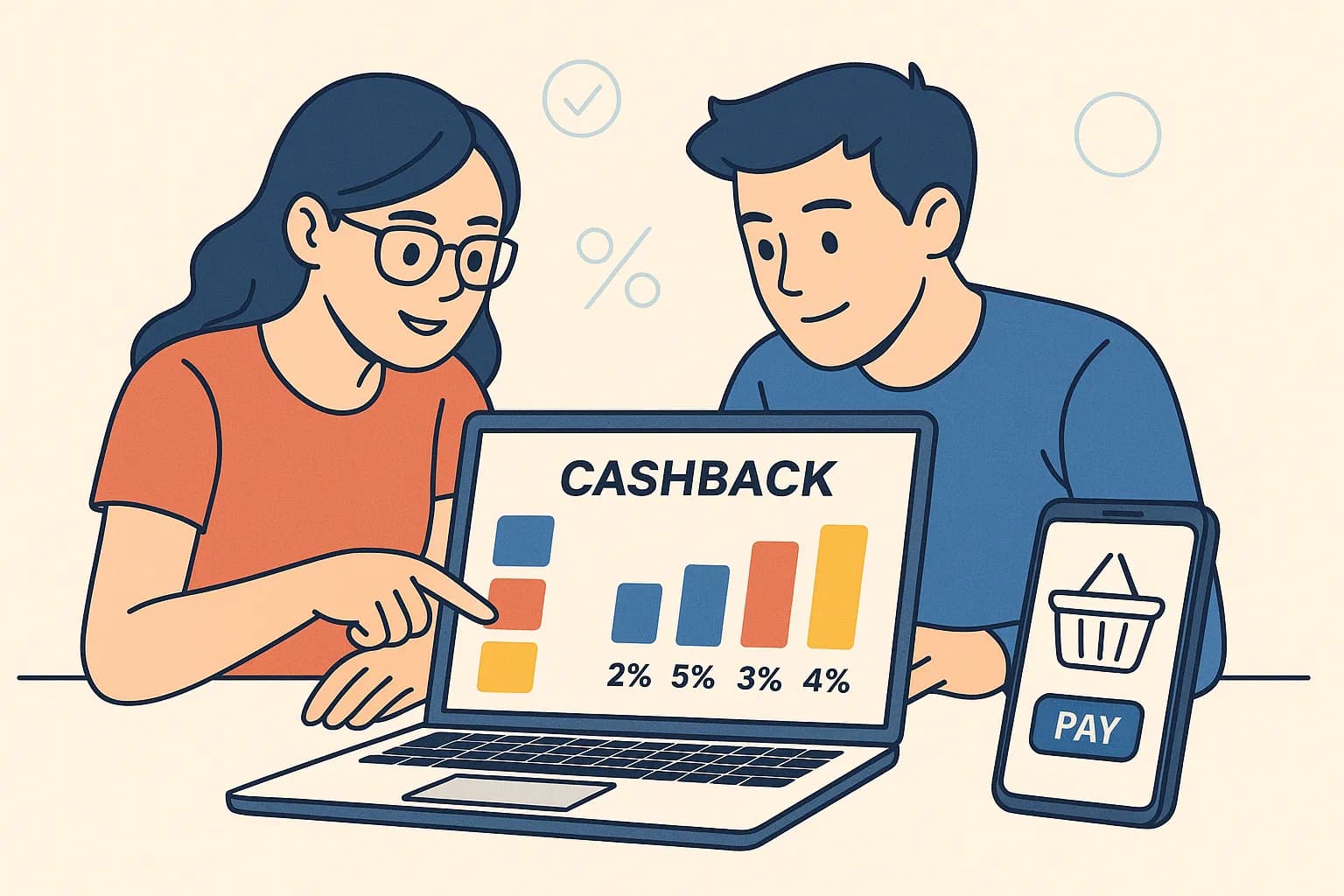 Deux étudiants comparent sur un ordinateur portable les taux de cashback de différentes applications, graphiques colorés affichés à l'écran, tandis qu'un smartphone pose à côté montrant un panier prêt à être payé.
