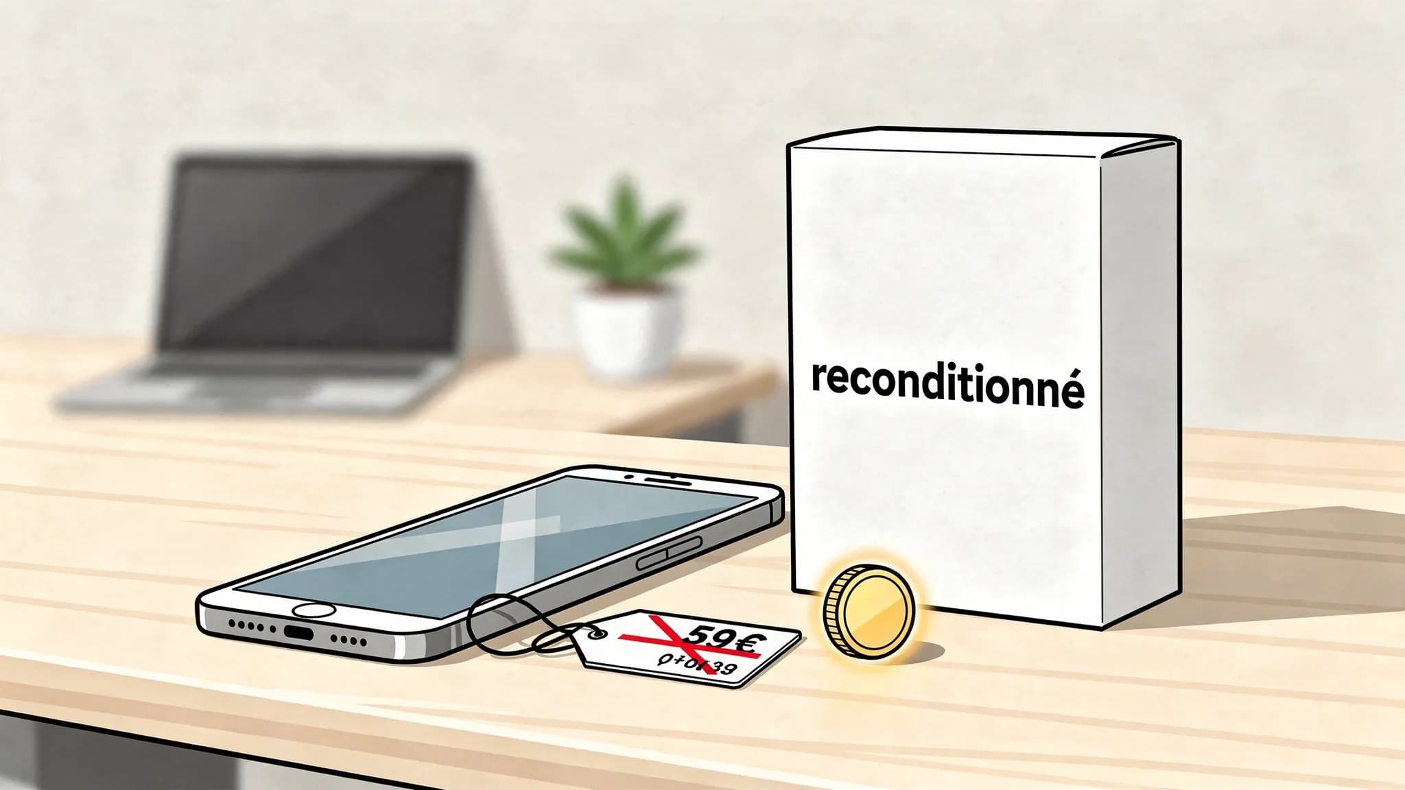 Un smartphone reconditionné posé à côté d’une boîte « reconditionné », avec une étiquette de prix barré et une petite icône de pièce symbolisant le cashback, dans un décor de bureau simple.