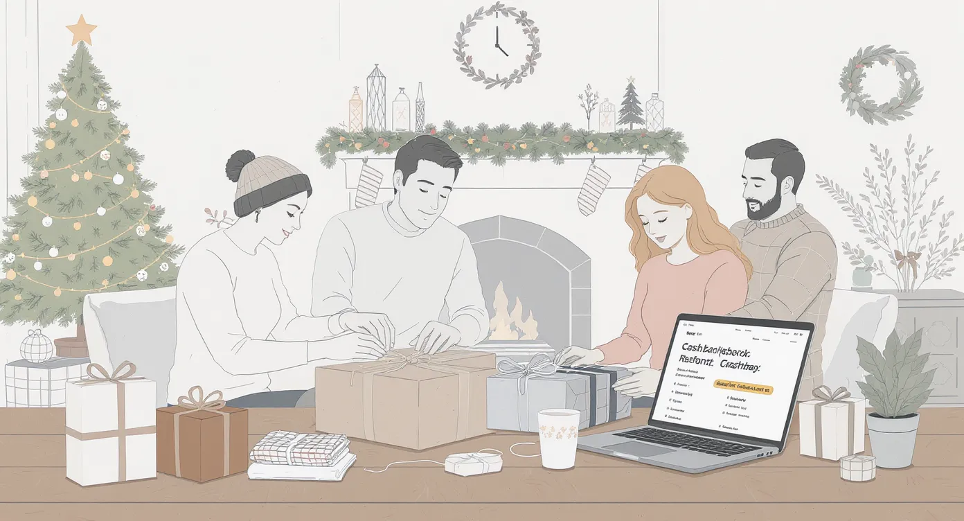 Une famille emballe des cadeaux de Noël dans un salon décoré, utilisant du papier kraft recyclable et du ruban en jute, tandis qu’un ordinateur portable affiche la page d’un comparateur de cashback montrant un taux boosté.