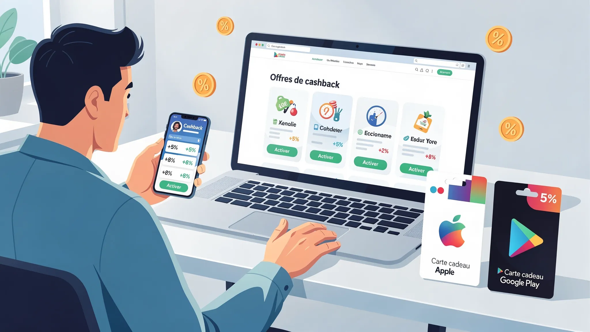 Un utilisateur compare des offres de cashback sur son téléphone et son ordinateur, avec des cartes cadeaux Apple et Google Play posées à côté, illustrant l’idée d’acheter du crédit store via un revendeur éligible au cashback.