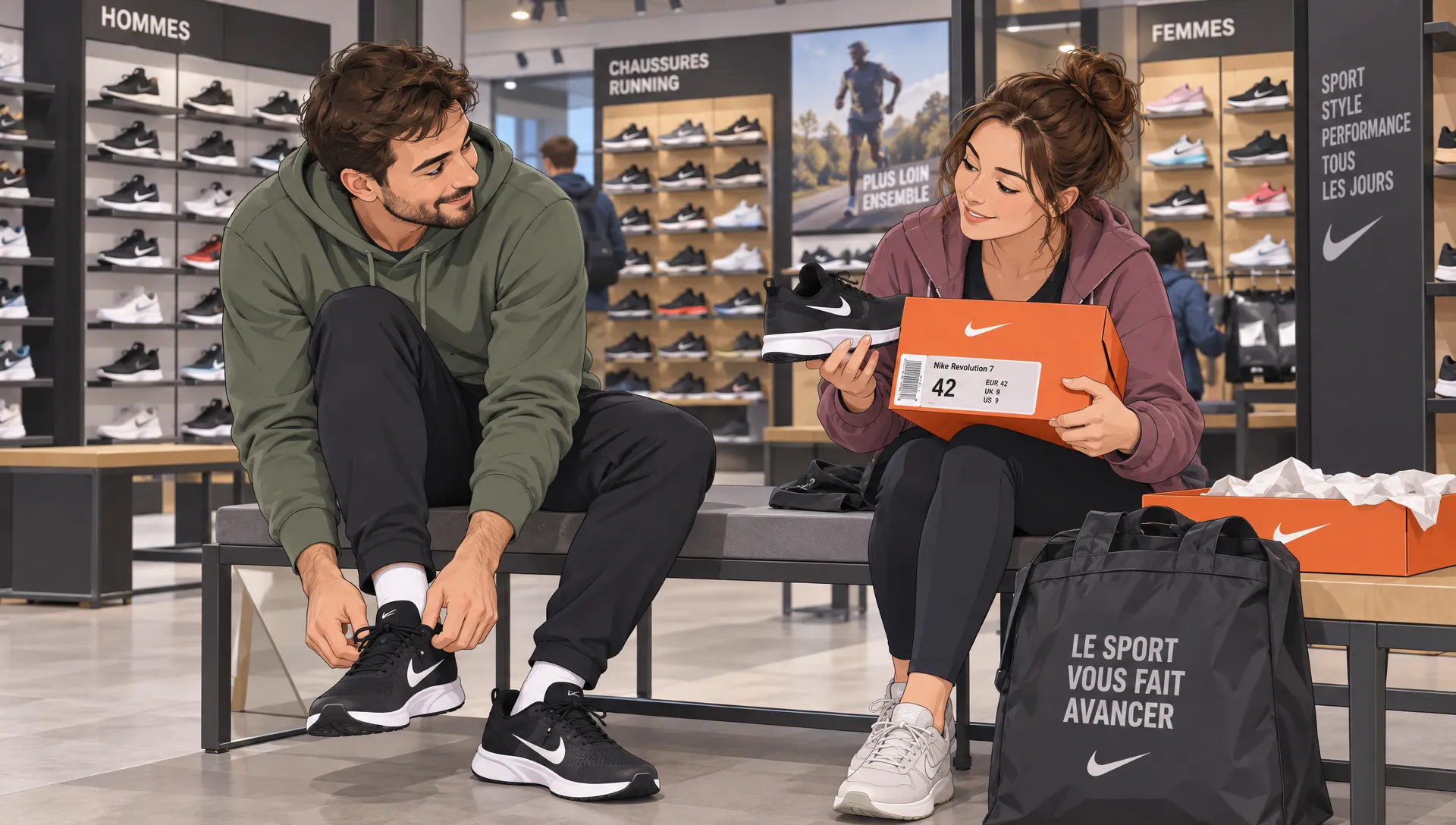 Une personne mesure un pied avec un mètre ruban près de deux chaussures de sport pour choisir la bonne taille avant un achat Nike avec cashback.