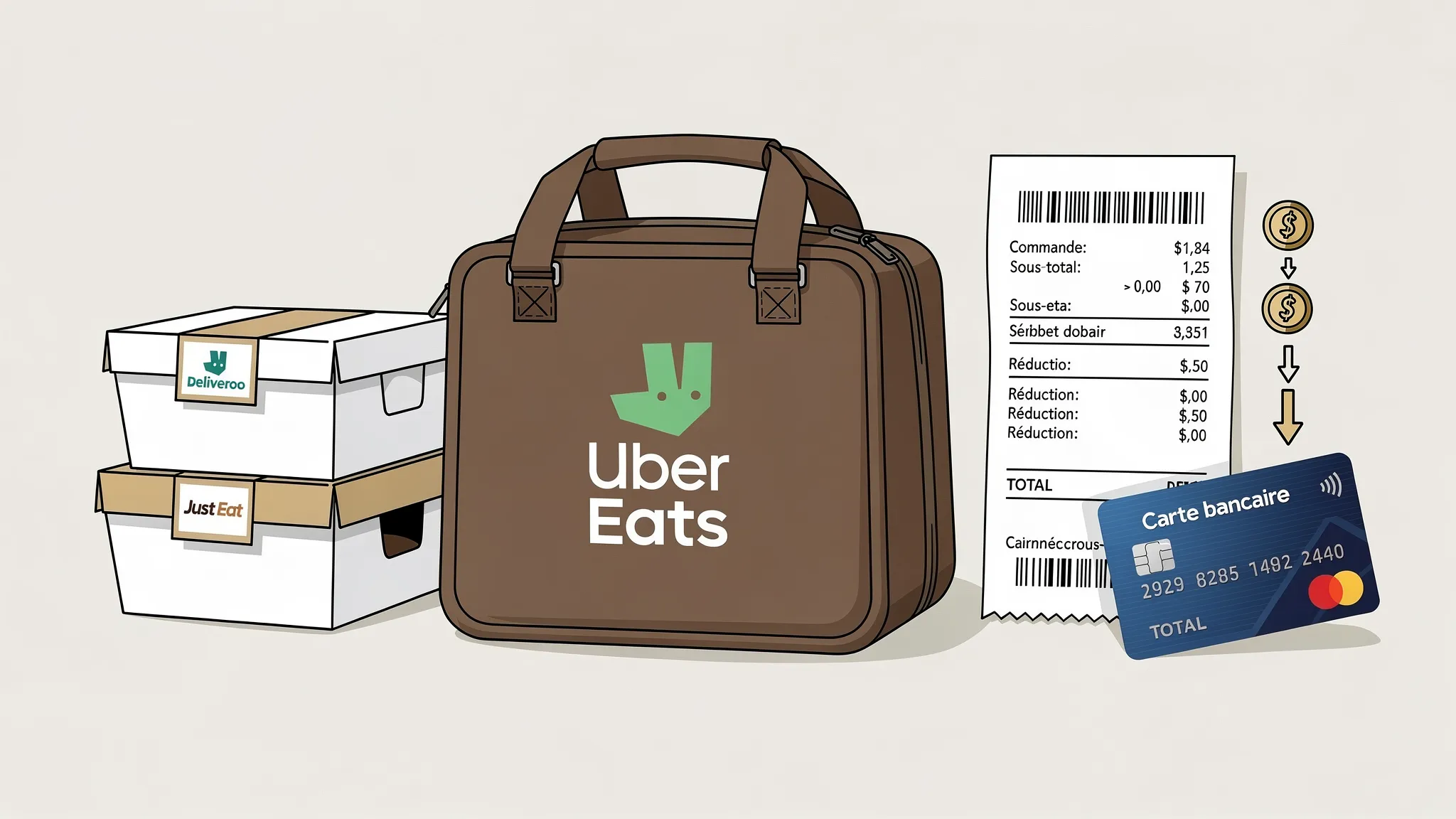 Un sac de livraison de repas posé à côté de boîtes à emporter, d’un reçu de commande et d’une carte bancaire, illustrant les économies possibles sur Uber Eats, Deliveroo et Just Eat.