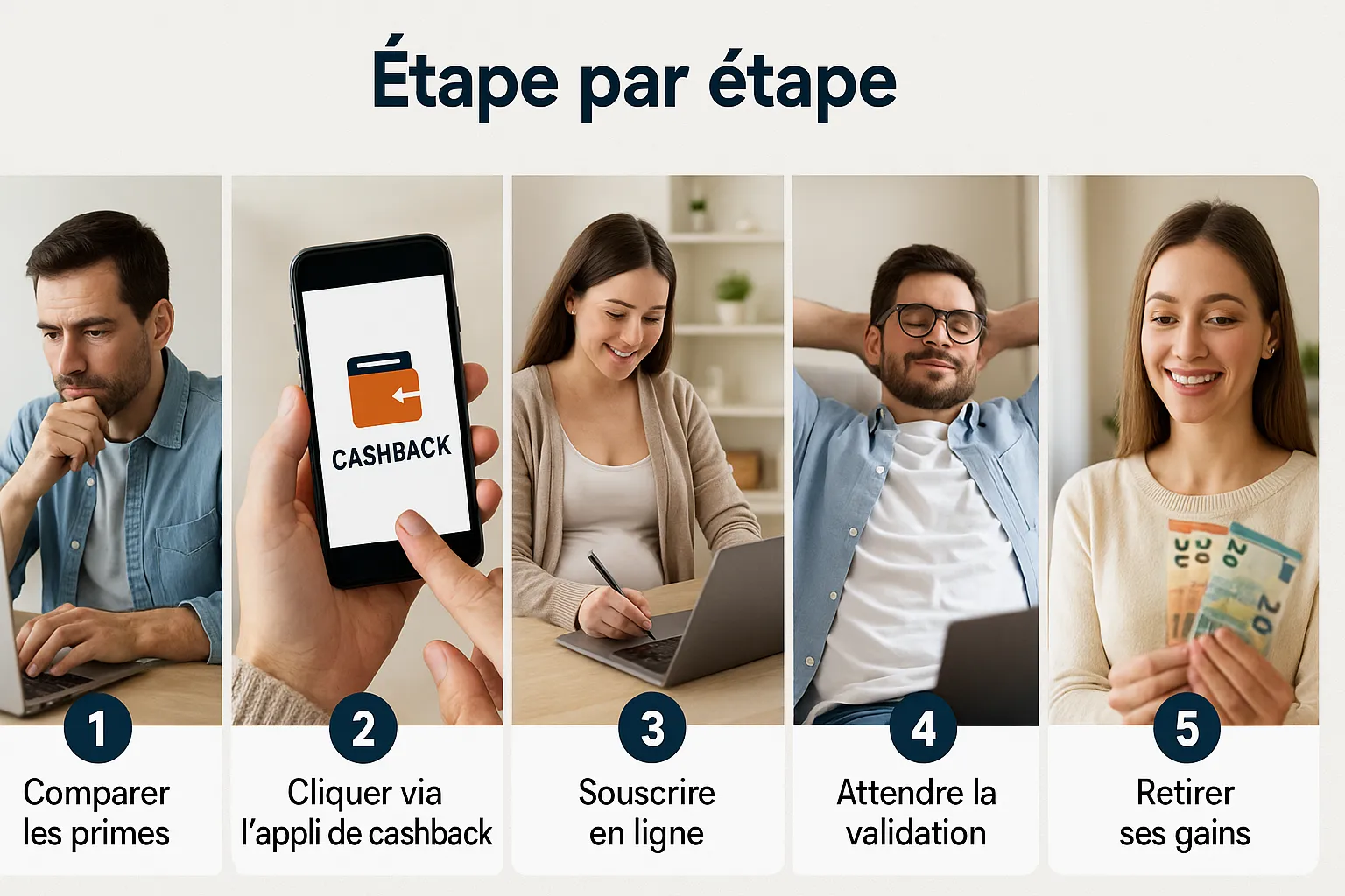 Infographie étape par étape : 1) comparer les primes, 2) cliquer via l’appli de cashback, 3) souscrire en ligne, 4) attendre la validation, 5) retirer ses gains.