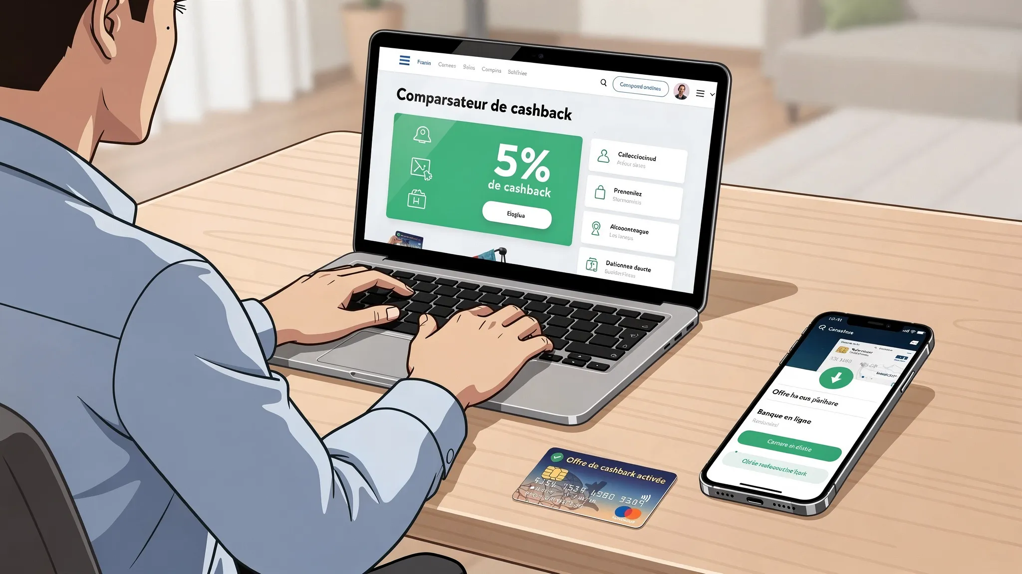 Un acheteur en ligne compare sur un ordinateur portable un taux de cashback sur un comparateur, tandis qu’un smartphone à côté affiche une offre de cashback bancaire activée, avec une carte bancaire posée sur la table.