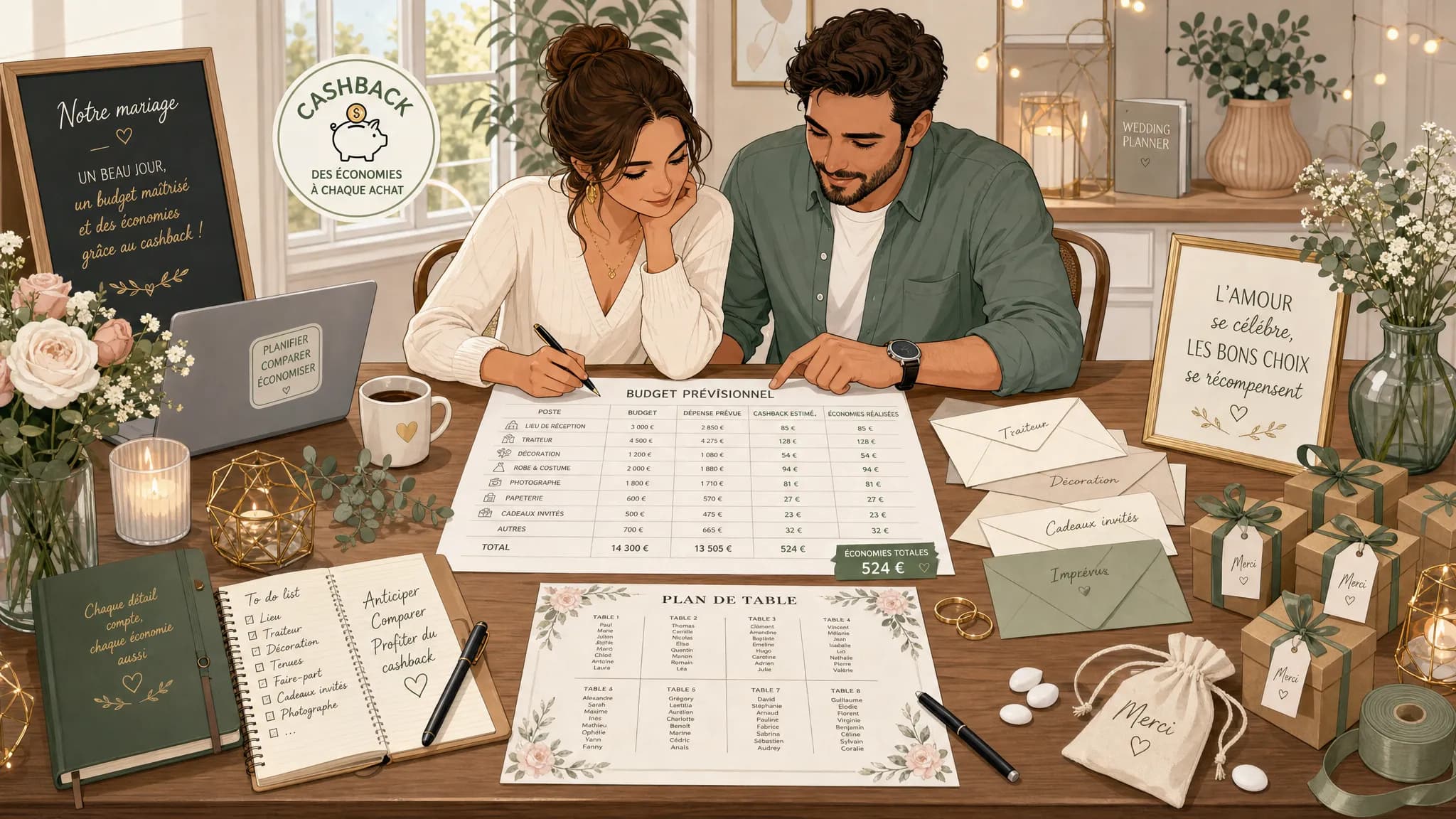 Un carnet de budget de mariage ouvert sur une table, entouré de faire-part, alliances, fleurs, rubans, enveloppes et cartes cadeaux, vu de dessus pour illustrer la planification des dépenses avec cashback.