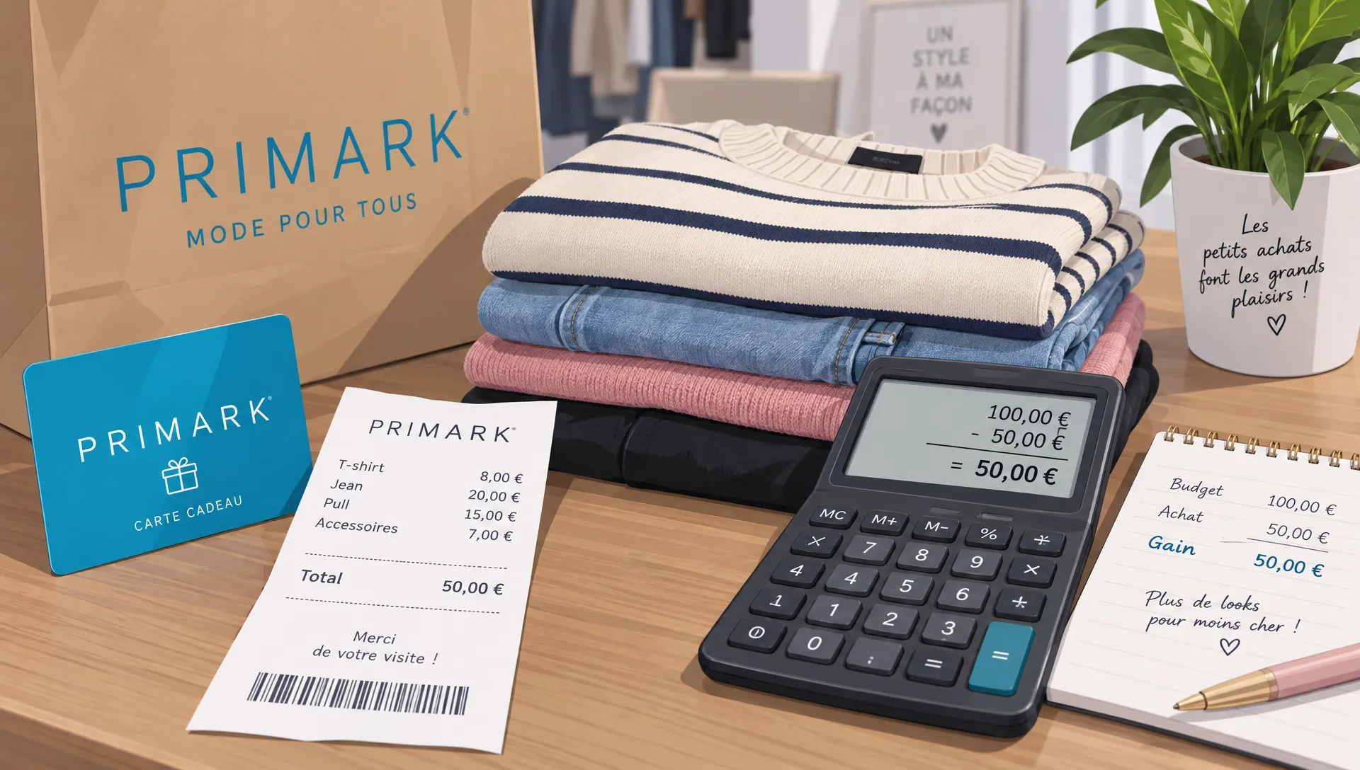Une carte cadeau Primark et un ticket de caisse reposent près de vêtements pliés tandis qu’une calculatrice sert à évaluer le gain après l’achat.