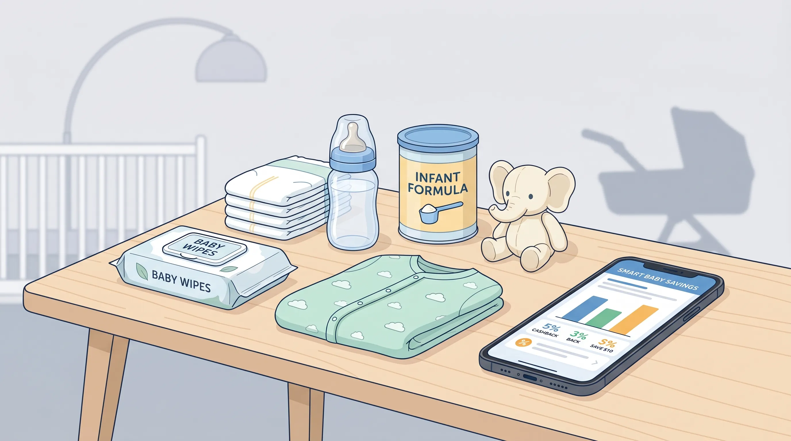 Panier de produits pour bébé (couches, lait infantile, biberon, lingettes) posé près d’un smartphone affichant un comparateur de cashback.