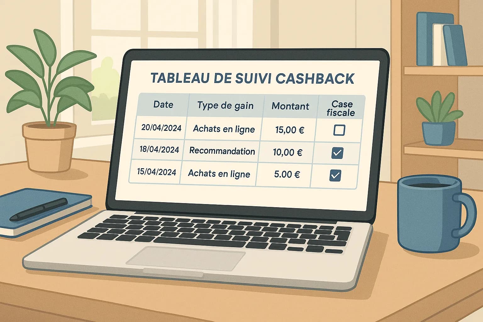 Illustration d’un tableau de suivi cashback affiché sur un ordinateur portable ; on distingue les colonnes date, type de gain, montant et case fiscale, le tout dans un bureau lumineux.
