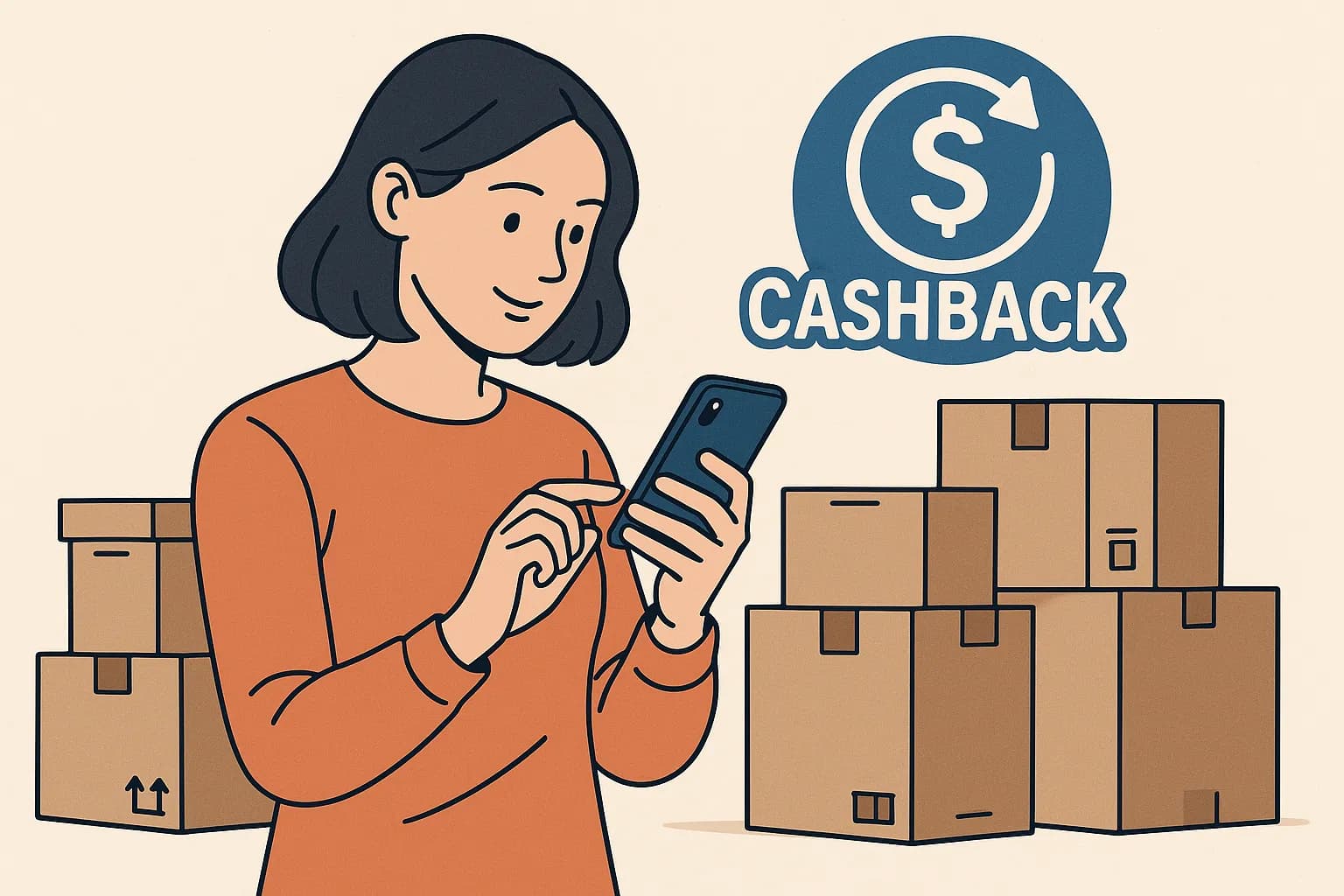 Une femme consulte son smartphone sur fond de cartons de seconde main, pendant que le logo « Cashback » apparaît en surimpression, symbolisant l’idée d’économiser encore plus sur l’achat d’occasion.