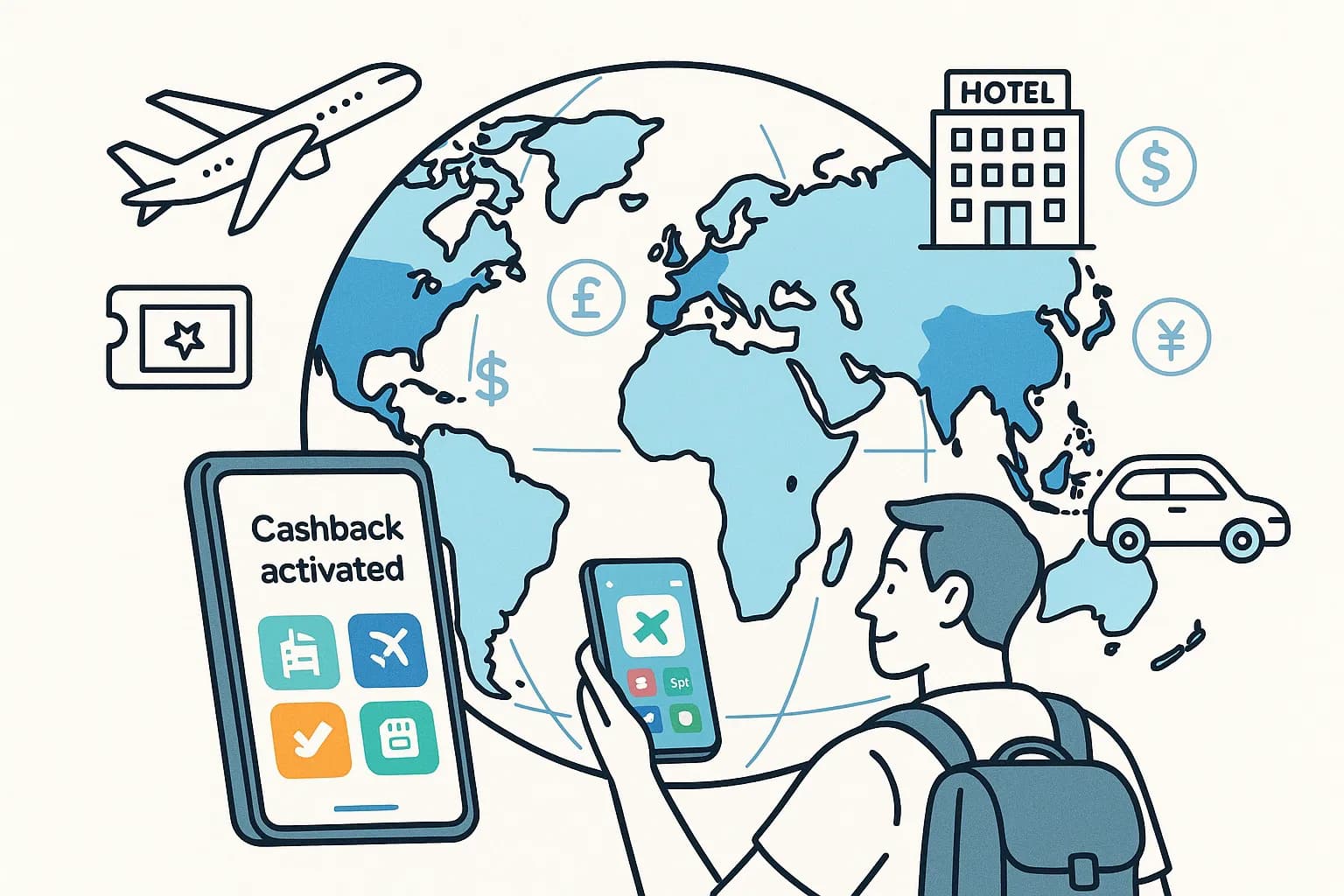 Voyageur tenant un smartphone affichant une application de cashback avec une carte du monde en arrière‑plan et icônes d’avion, hôtel et voiture
