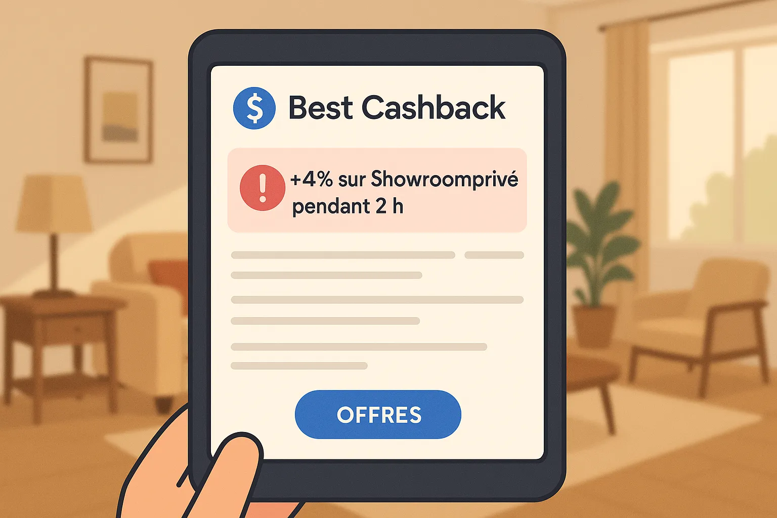 Tablette affichant l’appli Best Cashback avec une alerte « +4 % sur Showroomprivé pendant 2 h ». En arrière-plan flou, une salle de séjour cosy.