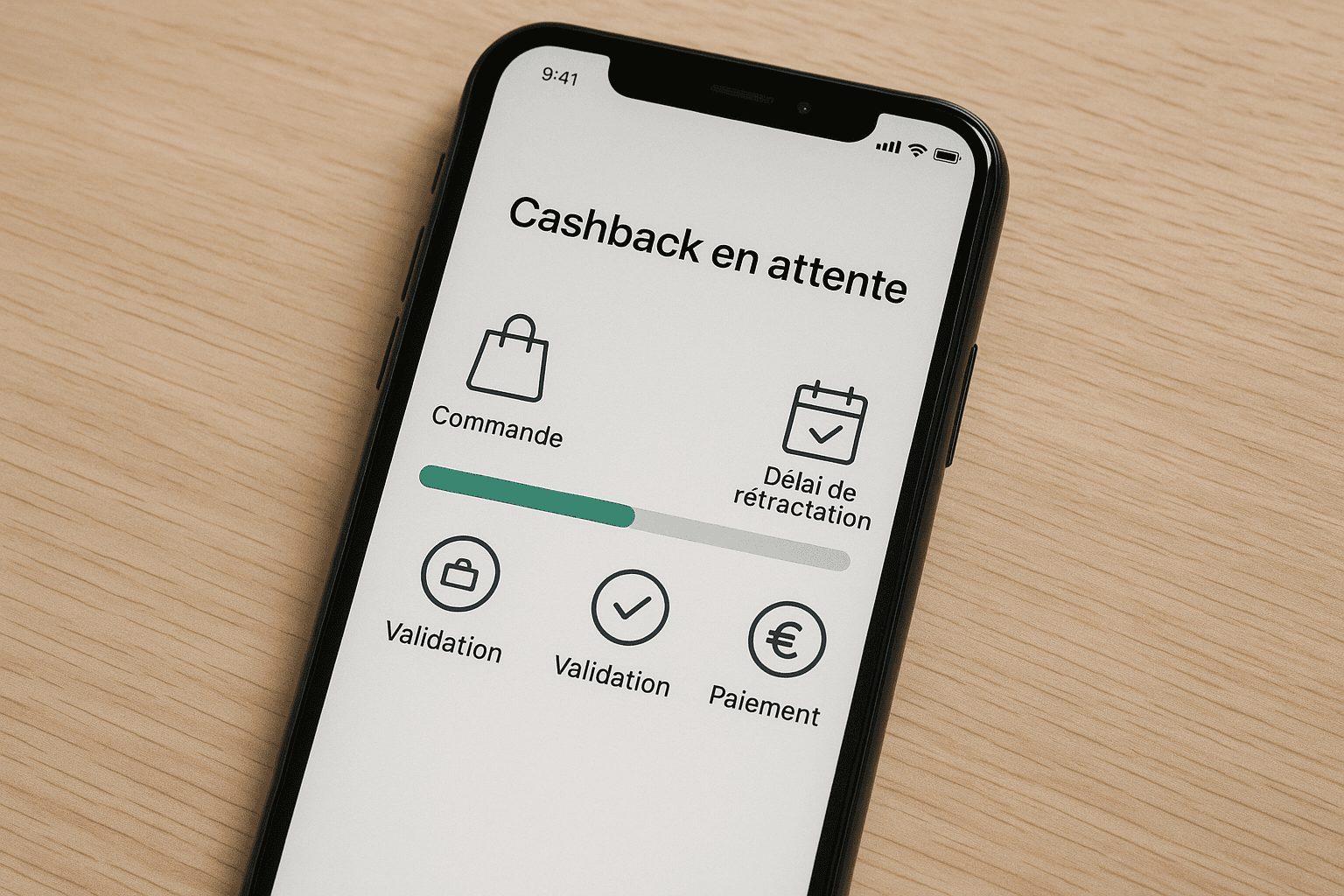 Illustration schématique d'un smartphone affichant une barre de progression "Cashback en attente", avec des icônes représentant les différentes étapes : commande, délai de rétraction, validation, paiement.