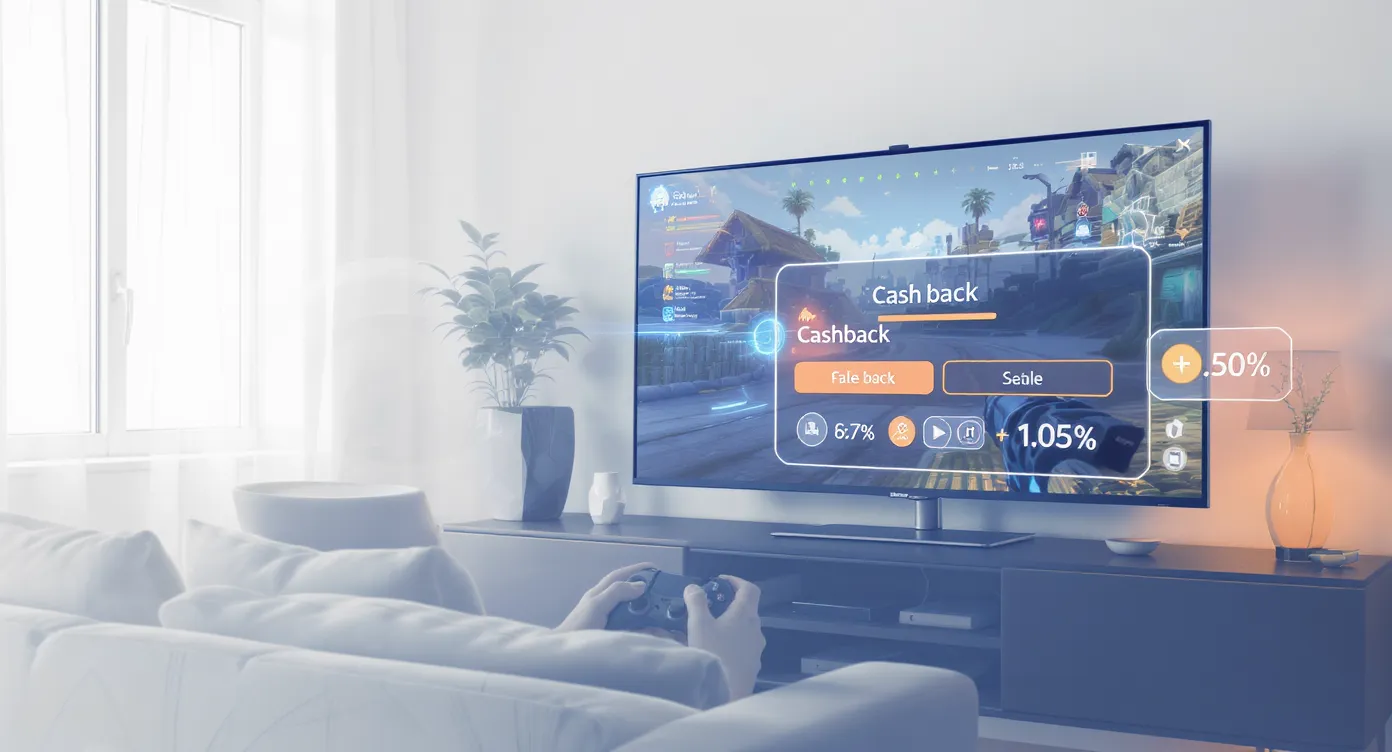 Un joueur détendu, manette en main, profite d’un service de cloud gaming affiché sur un téléviseur connecté, tandis qu’une fenêtre contextuelle illustrant un pourcentage de cashback s’affiche à l’écran.