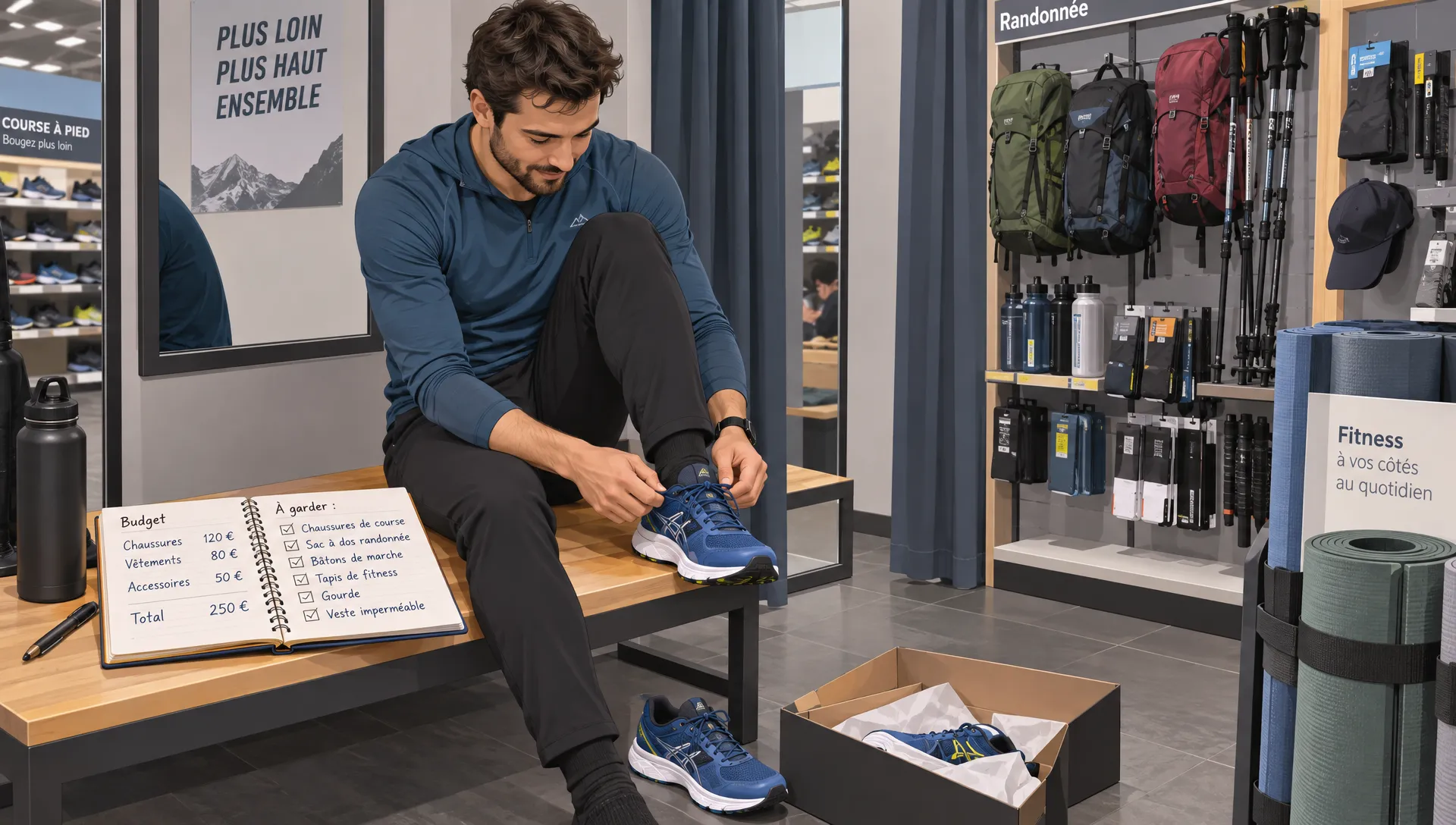 Un client essaie une chaussure de course près d’un tapis de fitness et d’accessoires de randonnée, en préparant un achat Poulpeo Decathlon.