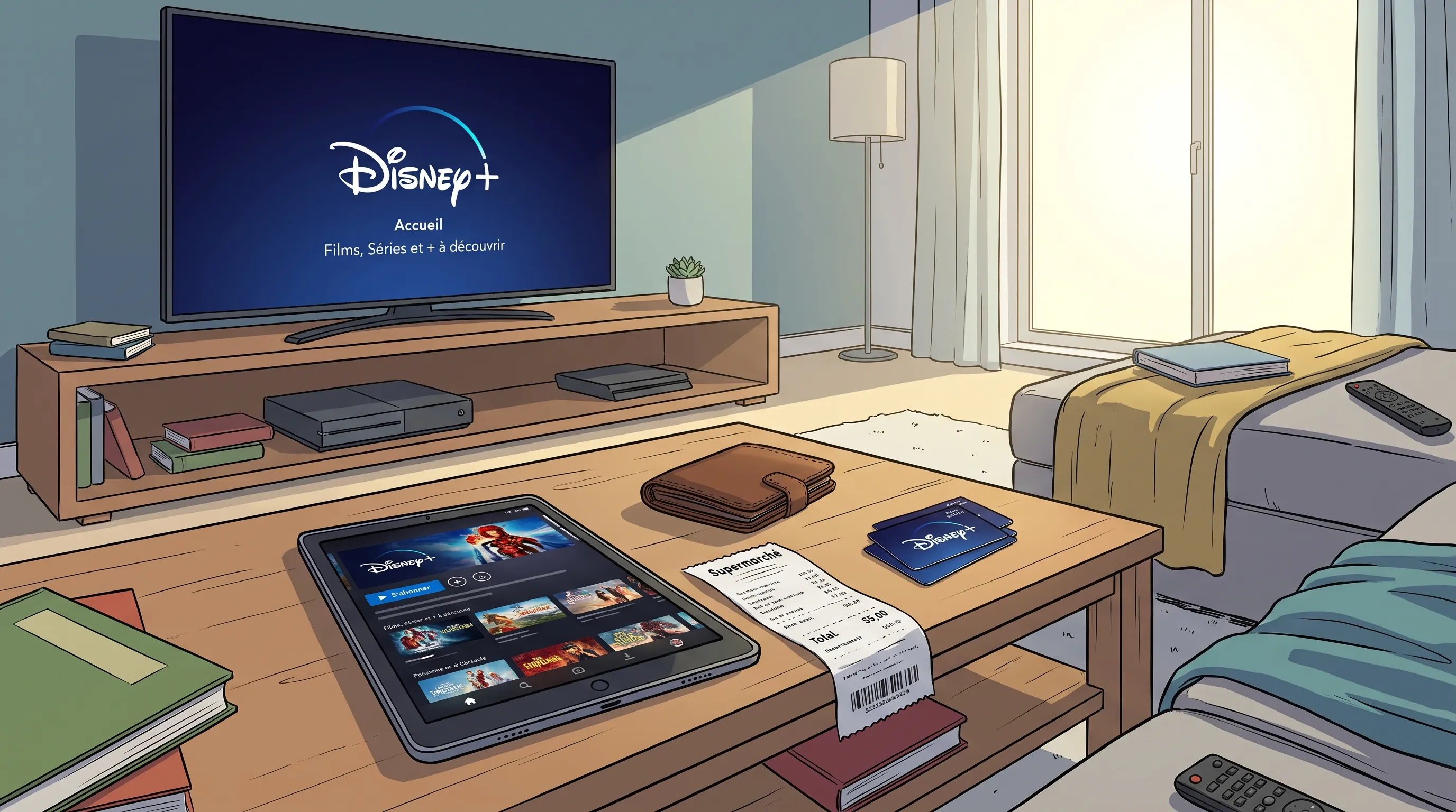 Une table avec un ordinateur portable, une carte bancaire, une carte cadeau et un carnet compare le coût net d’un abonnement Disney+ avant paiement.