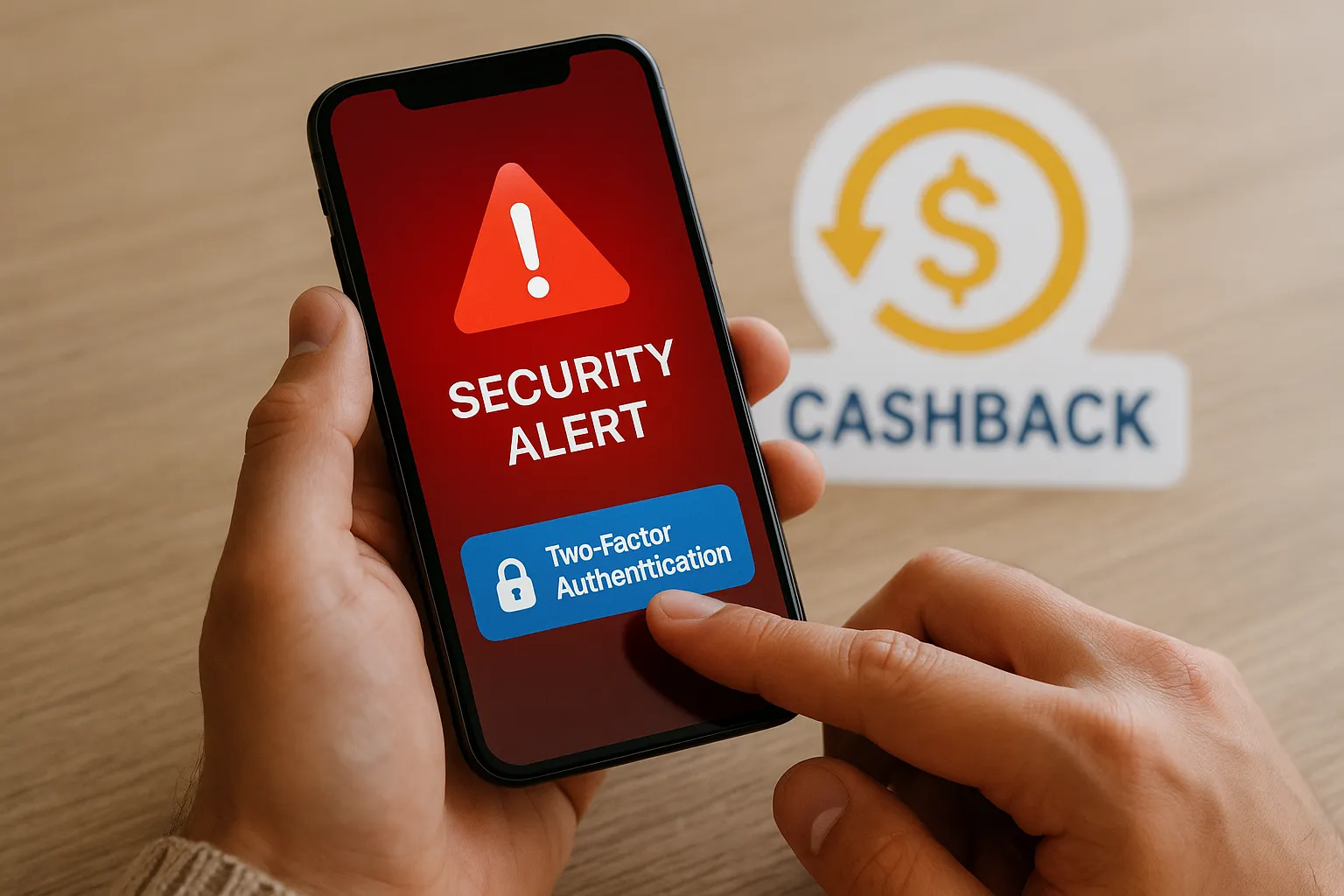 Scène illustrant un smartphone affichant une alerte de sécurité, un utilisateur activant l’authentification à deux facteurs pendant qu’une icône de cashback apparaît en arrière-plan, symbolisant l’équilibre entre économies et protection.