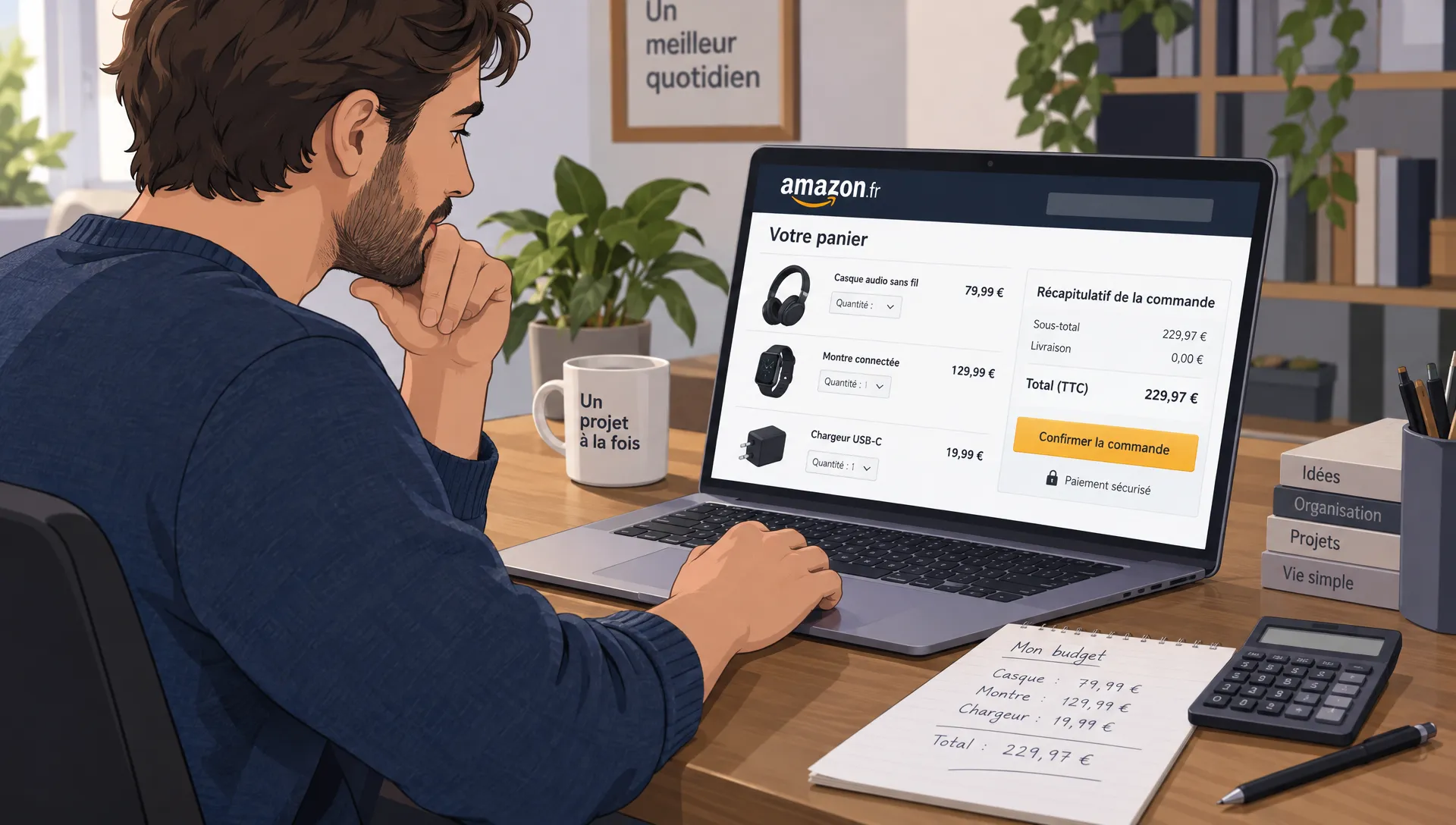 Un adulte vérifie le total d’un panier Amazon sur son ordinateur en le comparant à des notes de prix et à une calculatrice.