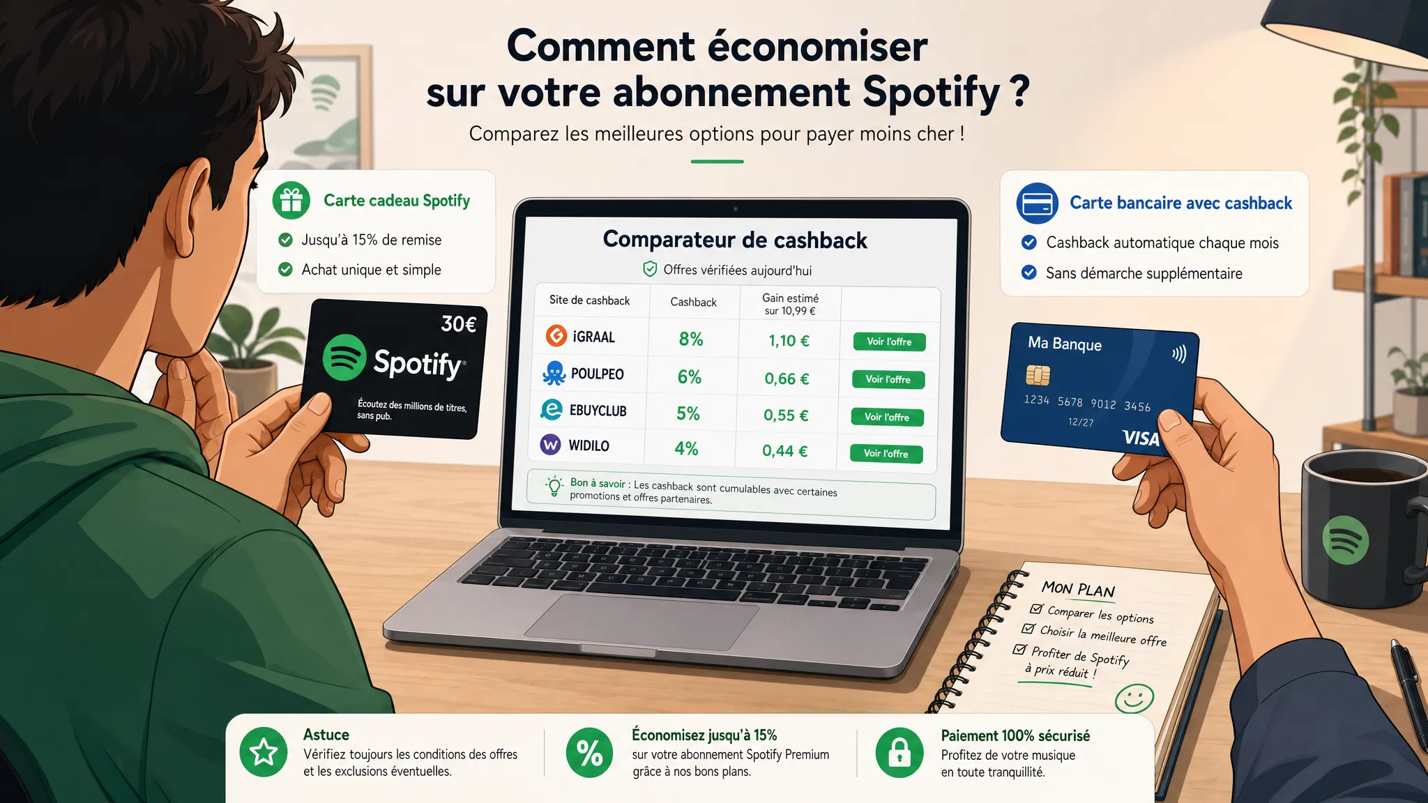 Une personne consulte plusieurs options d’économies pour un abonnement musical, avec une carte cadeau Spotify, une carte bancaire et un ordinateur portable affichant un comparateur de cashback face à l’observateur.