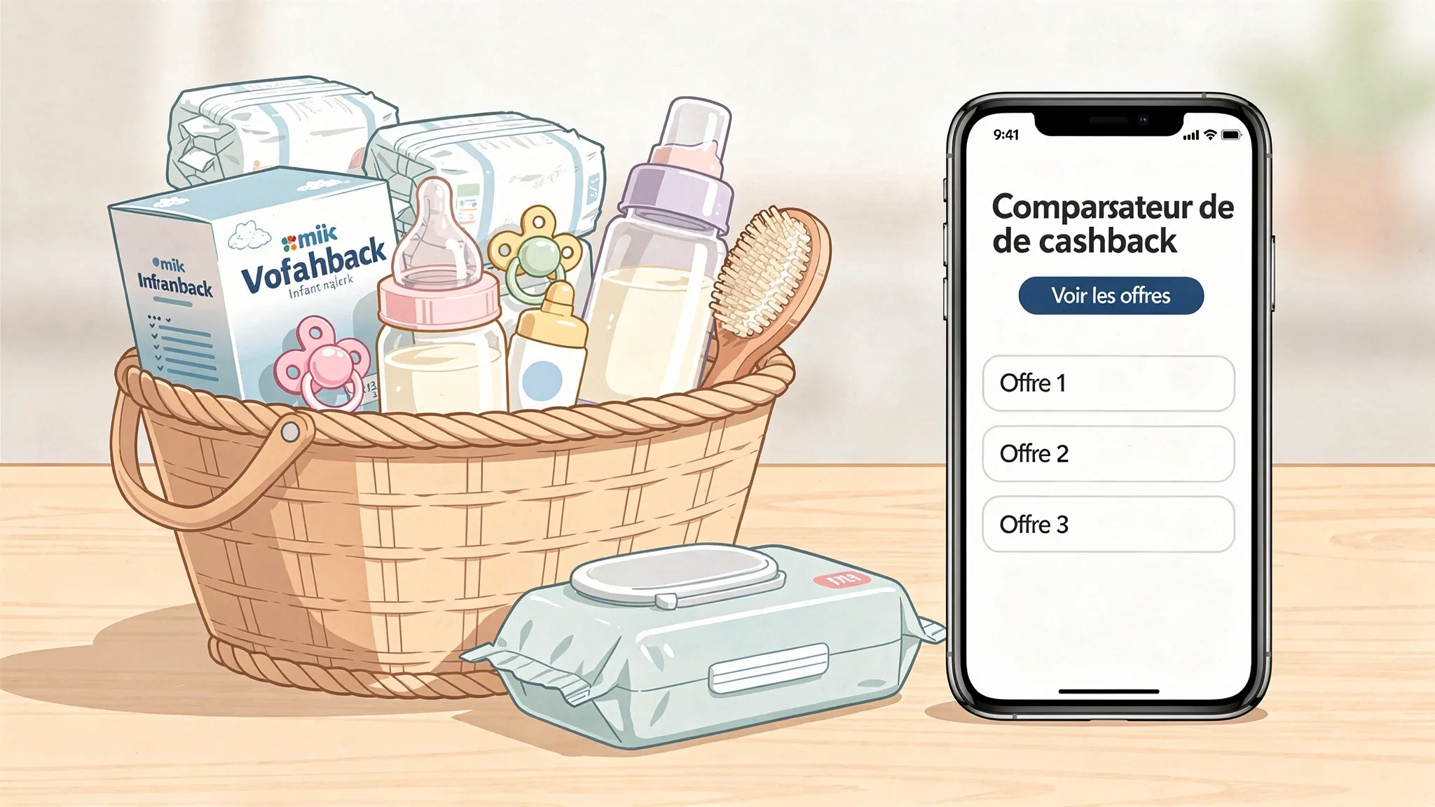 Un panier de produits bébé avec couches, lait infantile, biberon, lingettes et petits accessoires de puériculture posé près d’un téléphone affichant un comparateur de cashback, l’écran orienté vers le lecteur.
