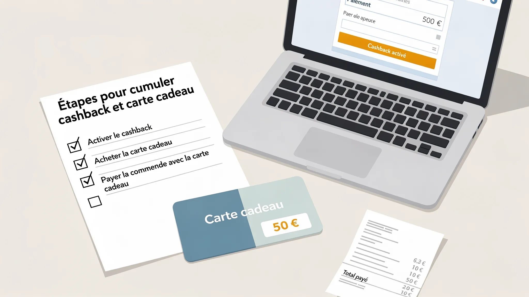Photo d’une checklist papier posée à côté d’un ordinateur portable ouvert sur une page d’achat en ligne, avec une carte cadeau imprimée et un reçu, illustrant les étapes pour sécuriser un cumul cashback et carte cadeau.