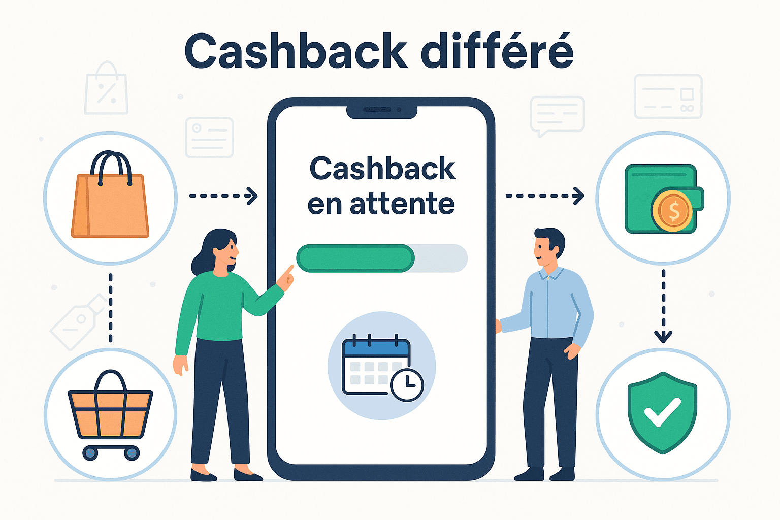 Illustration schématique d'un smartphone affichant une barre de progression "Cashback en attente", avec des icônes représentant les différentes étapes : commande, délai de rétraction, validation, paiement.