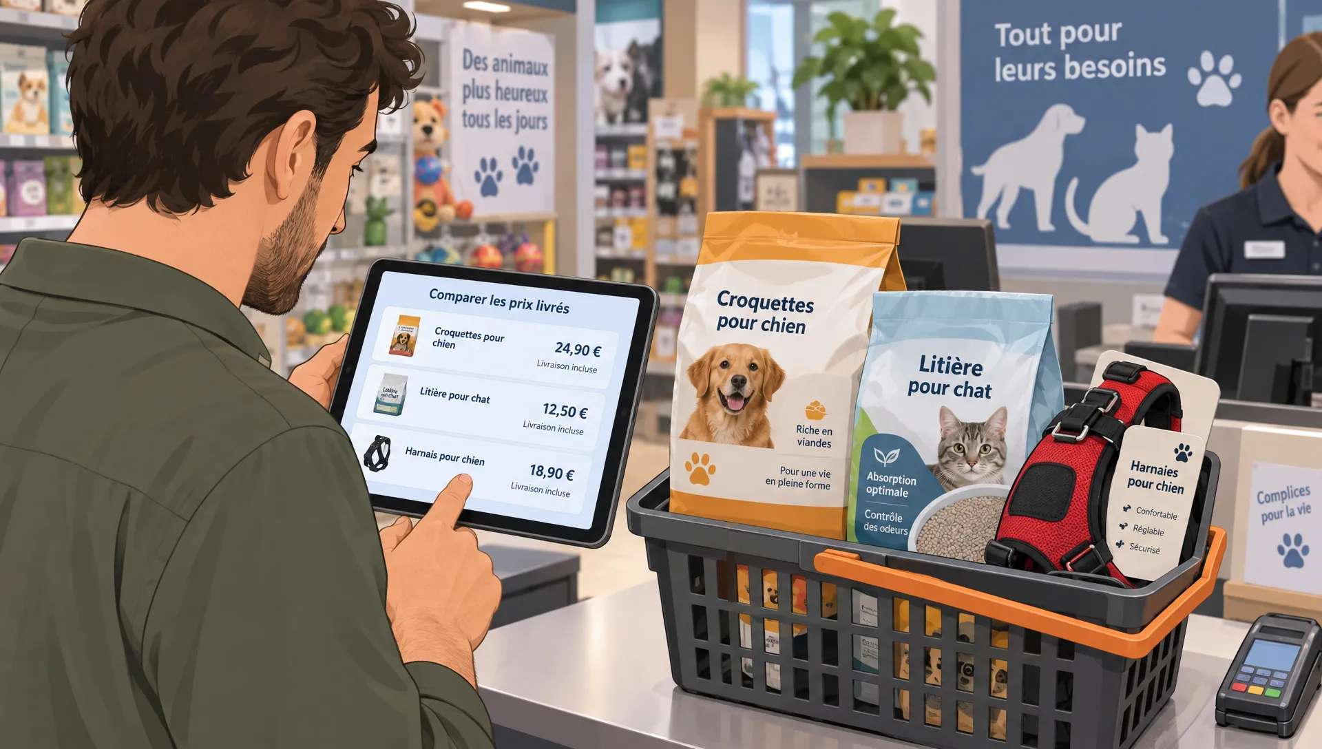 Un adulte compare sur une tablette tournée vers lui les coûts livrés de croquettes, de litière et d’un harnais, tandis que les trois achats sont visibles dans un panier près de la caisse d’une animalerie.