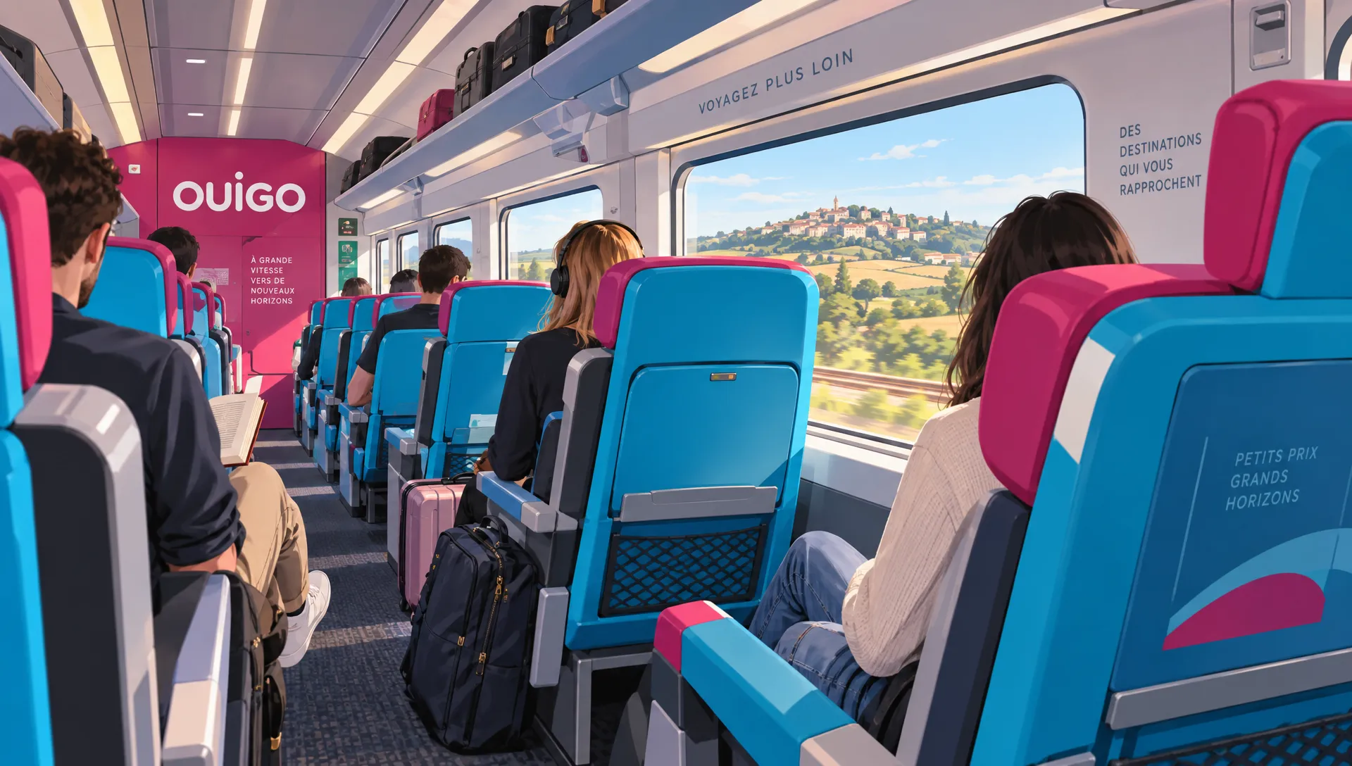 Une petite valise et un sac à dos sont posés près d’un carnet où un voyageur compare le prix et les options d’un billet OUIGO et SNCF Connect.