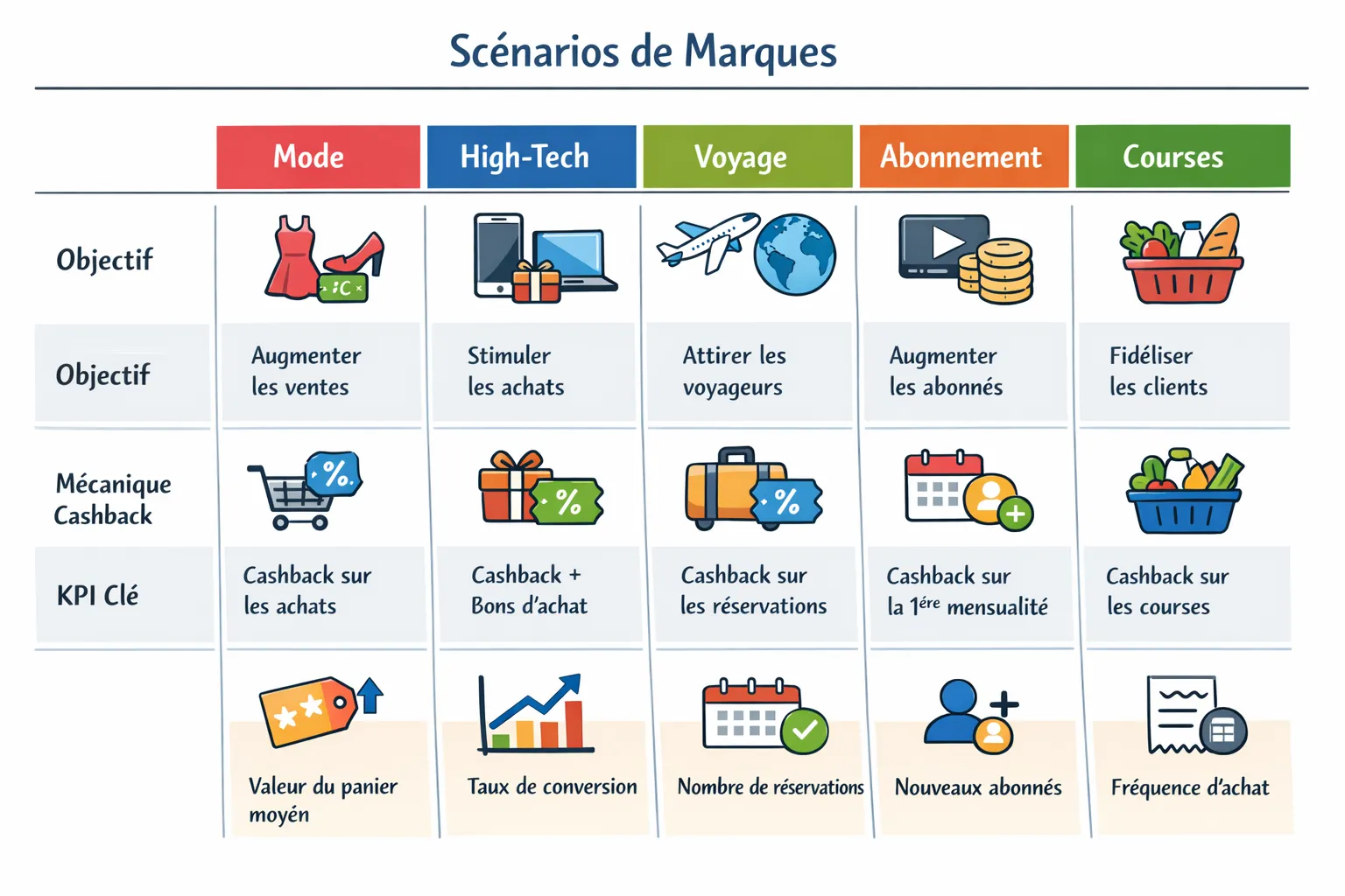 Tableau comparatif visuel (style simple) montrant 5 scénarios de marques : mode, high-tech, voyage, abonnement, courses. Pour chaque scénario, une colonne “objectif”, une colonne “mécanique cashback”, une colonne “KPI clé”.