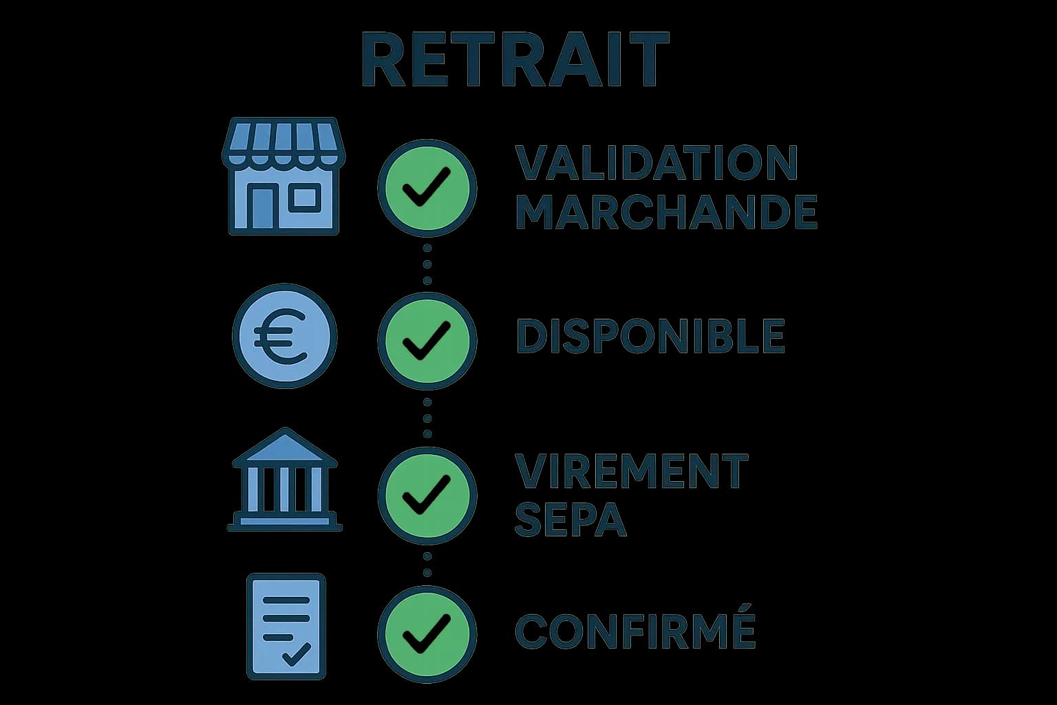 Infographie : une timeline illustrant les étapes du retrait – de la validation marchande, au passage « Disponible », jusqu’au virement SEPA confirmé – avec des icônes de check vérde.