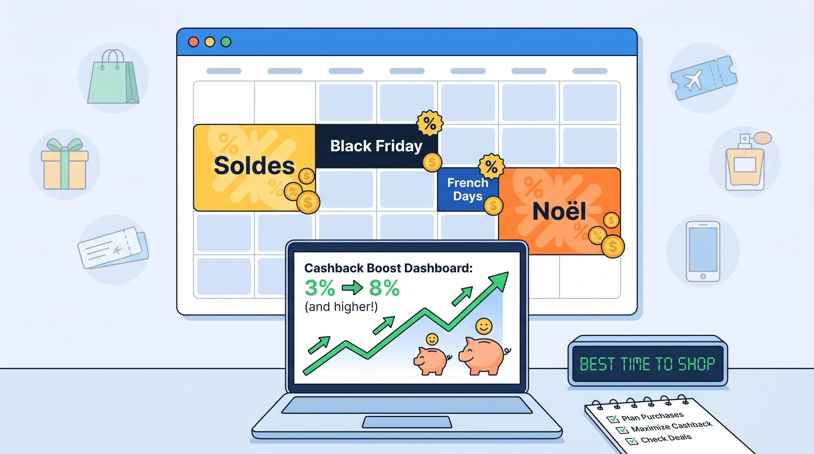 Calendrier de promotions (Black Friday, soldes, French Days) et smartphone affichant un pourcentage de cashback augmenté, évoquant la chasse aux boosts de taux.