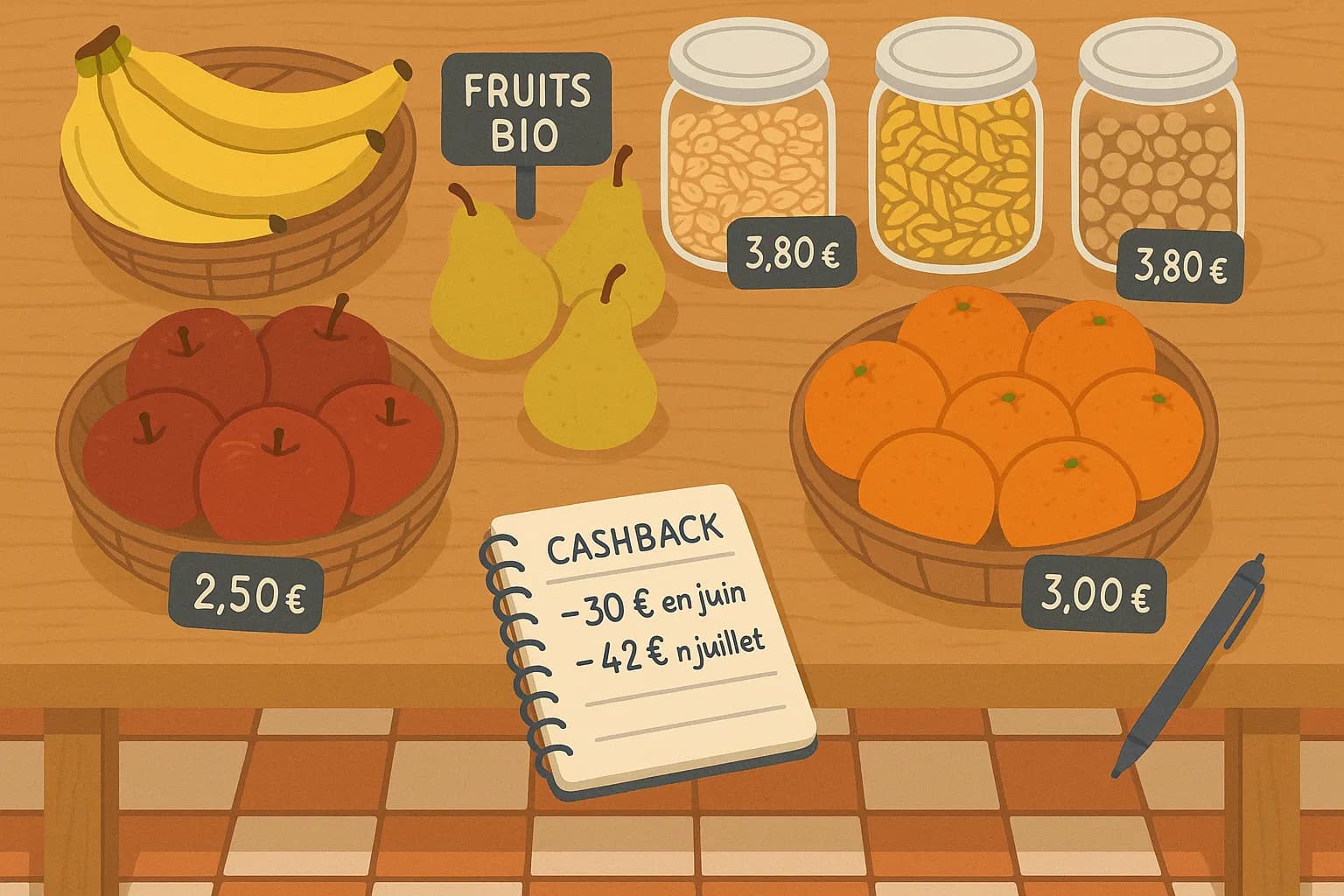 Vue au-dessus d’une table de cuisine remplie de fruits bio, bocaux de céréales et étiquettes de prix, avec un carnet où sont notées des économies réalisées grâce au cashback : –30 € en juin, –42 € en juillet.