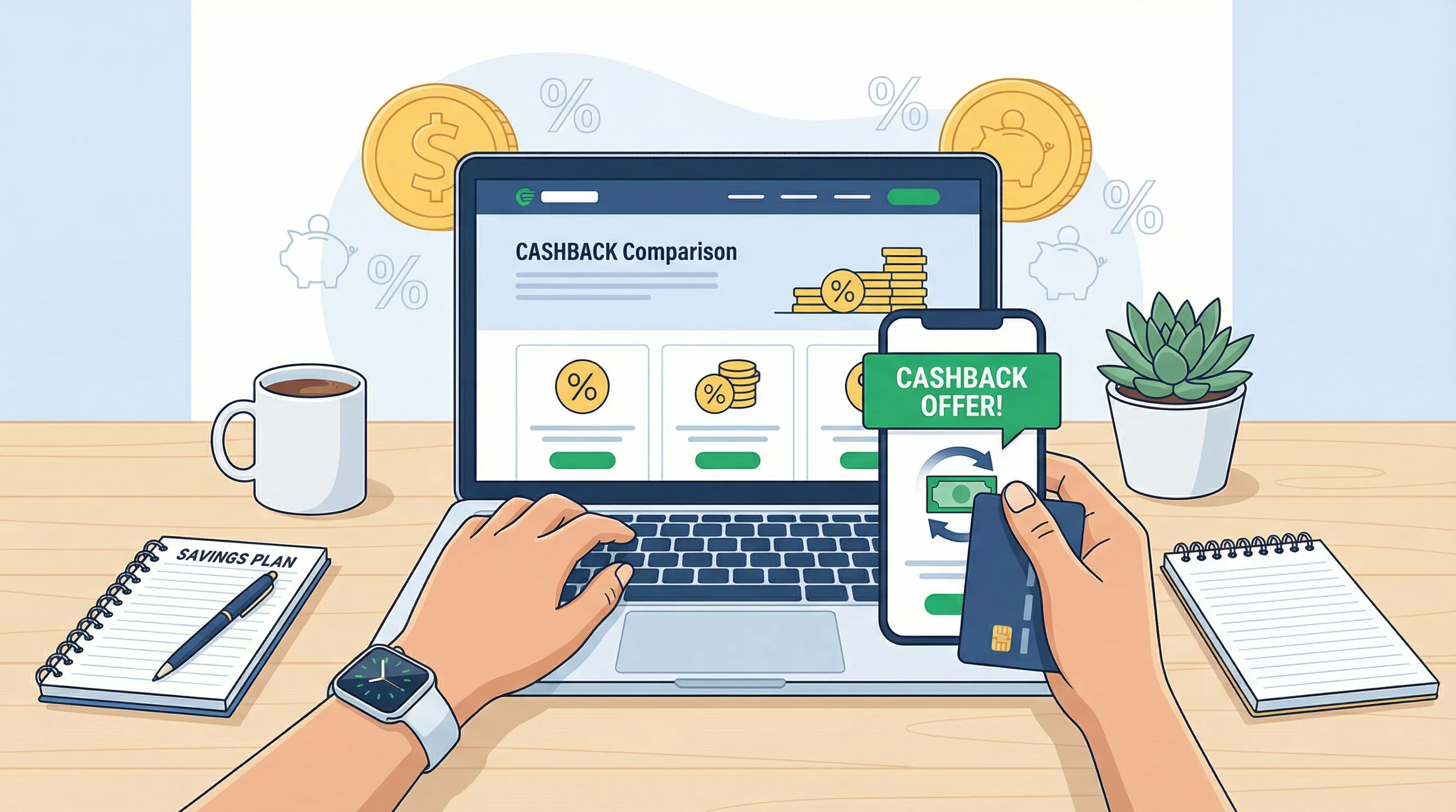 Personne comparant des offres de cashback sur un ordinateur portable pendant qu’un smartphone affiche une offre de cashback bancaire activée ; une carte bancaire posée à côté, image neutre sans logos identifiables.