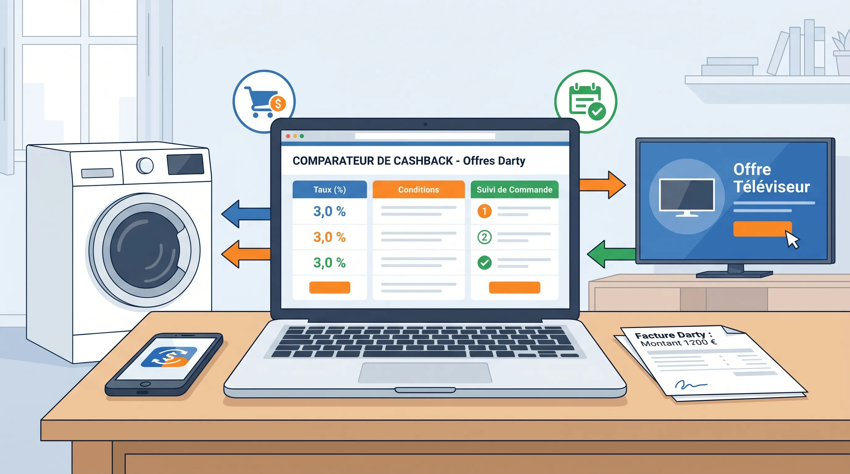 Une carte bancaire, un bon d’achat et un ticket de caisse posés près d’un petit appareil électroménager, avec un pourcentage de cashback affiché sur une étiquette.