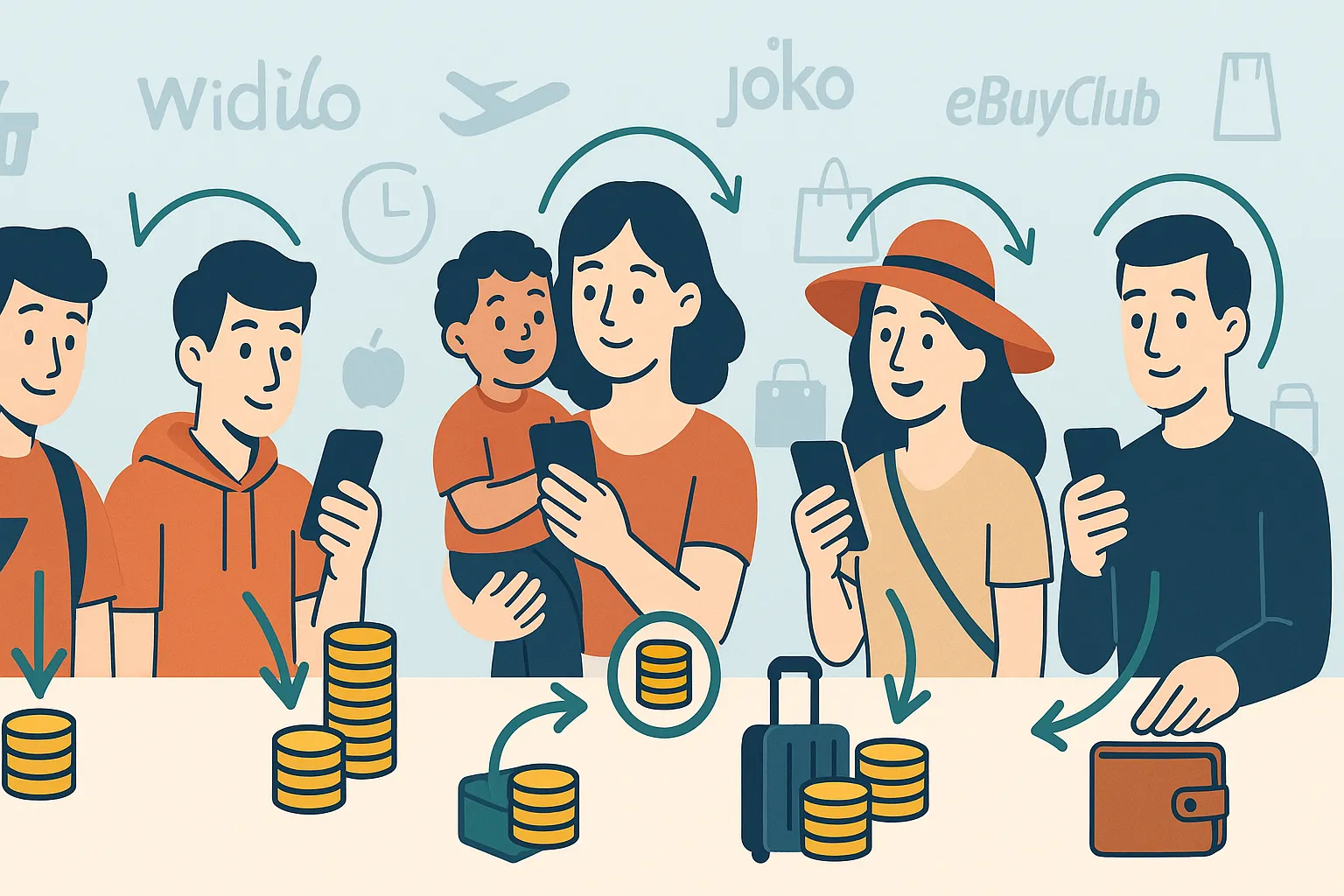 Illustration montrant cinq profils d’acheteurs avec des flux d’argent instantané ou différé selon leur profil d’achat