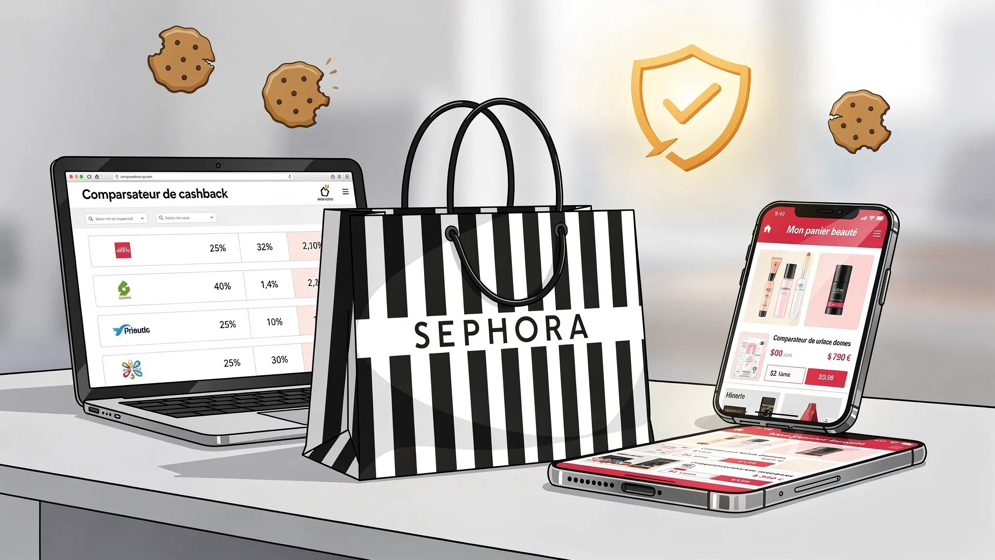 Un bureau avec un panier Sephora (sac noir et blanc), un ordinateur portable affichant un comparateur de cashback et un smartphone montrant un panier beauté, avec des cookies de navigateur et une icône de bouclier en arrière-plan pour symboliser le t...