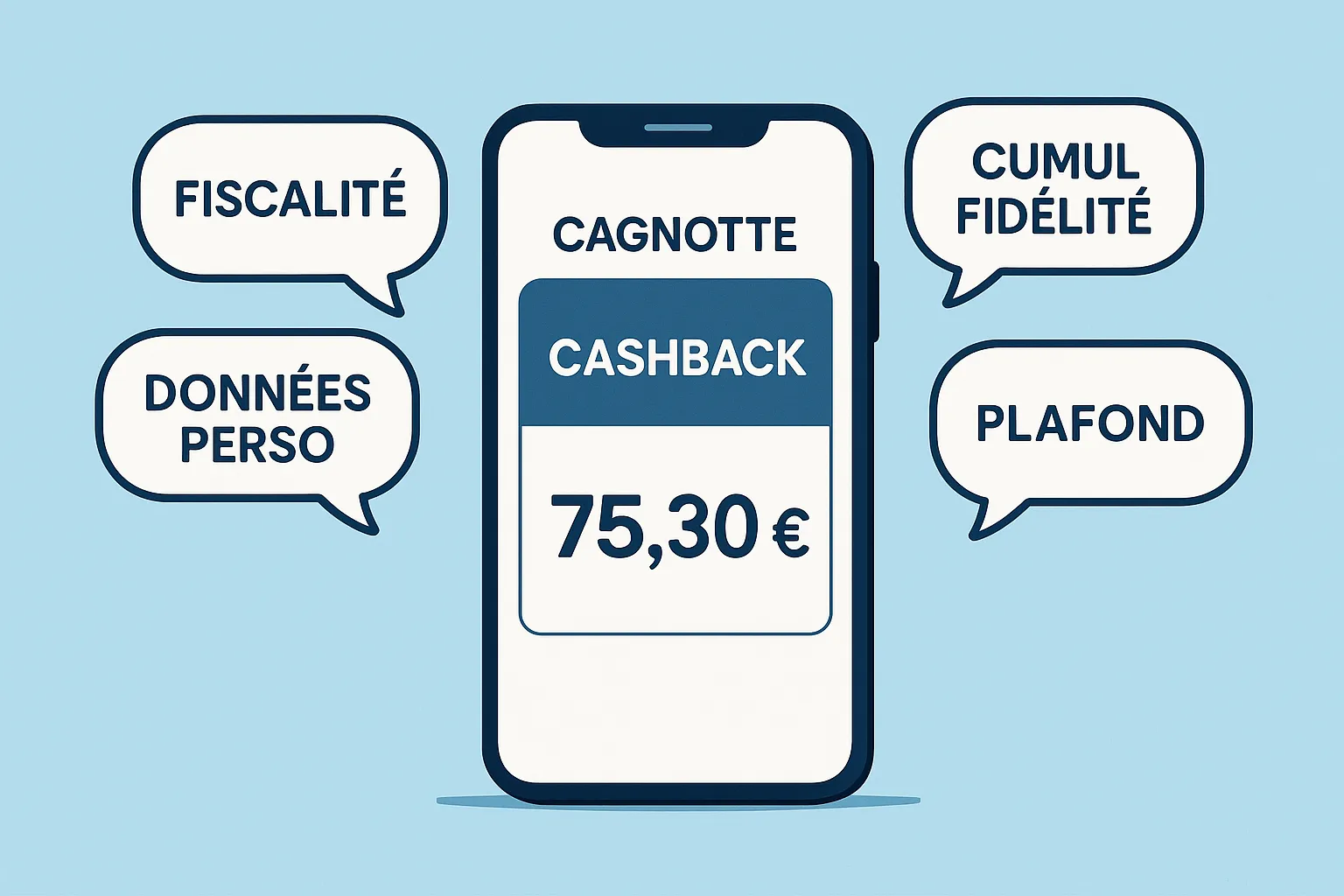 Un smartphone montrant une cagnotte cashback entouré de multiples bulles de dialogue symbolisant des questions : fiscalité, données perso, cumul fidélité, sur un fond bleu clair
