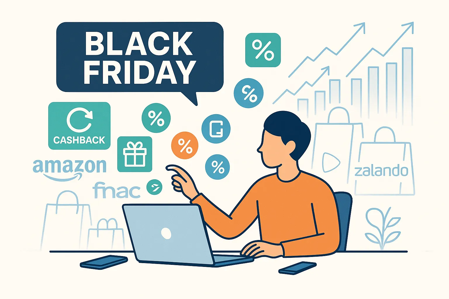 Illustration Black Friday 2025 montrant un graphique comparatif de taux de cashback, des icônes d’applications et un schéma de cumuls de remises pour préserver le tracking