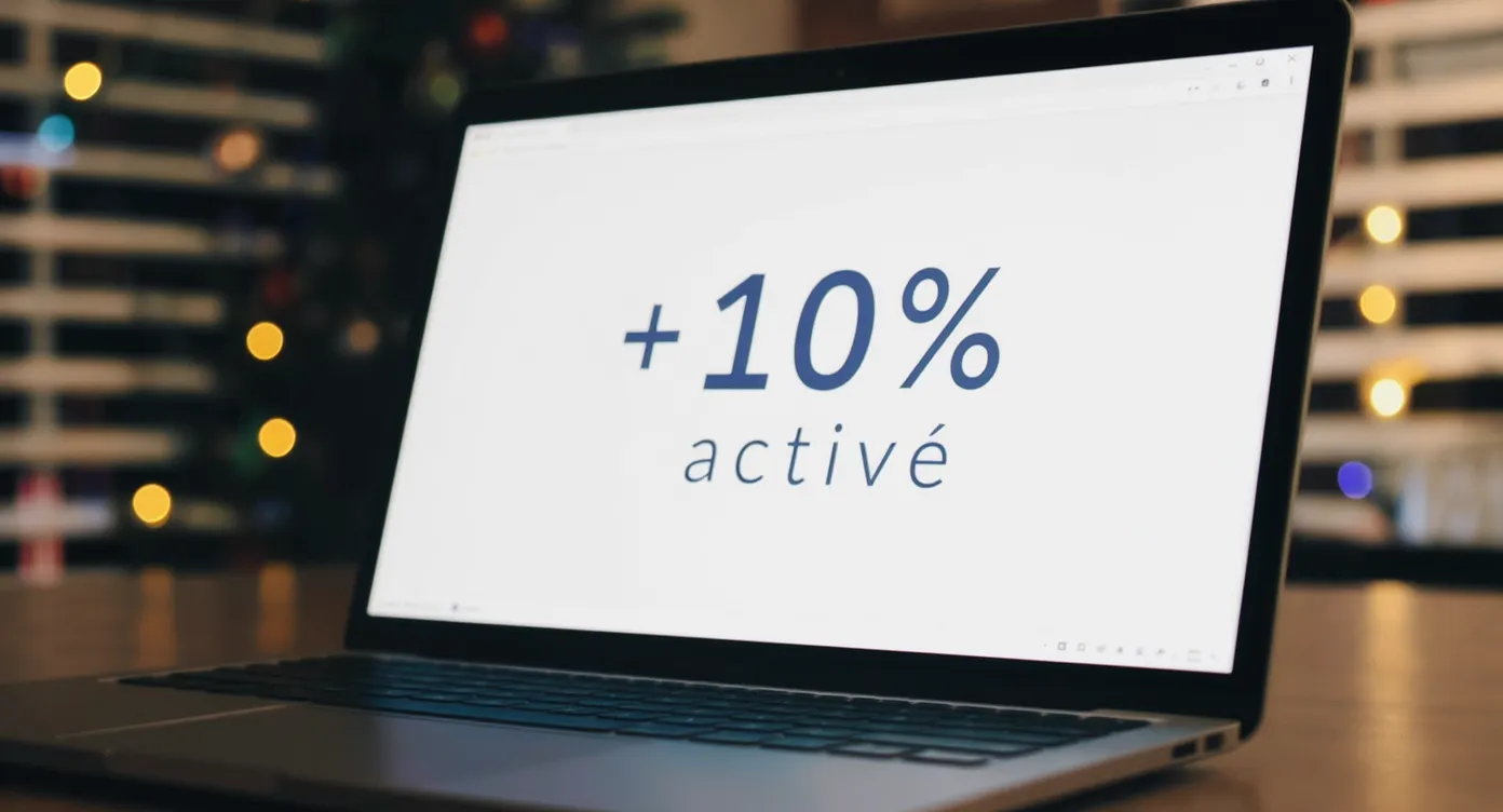 Gros plan sur une extension cashback affichant « +10 % activé » sur l’écran d’un laptop, décorations de Noël reflétées dans la vitre.
